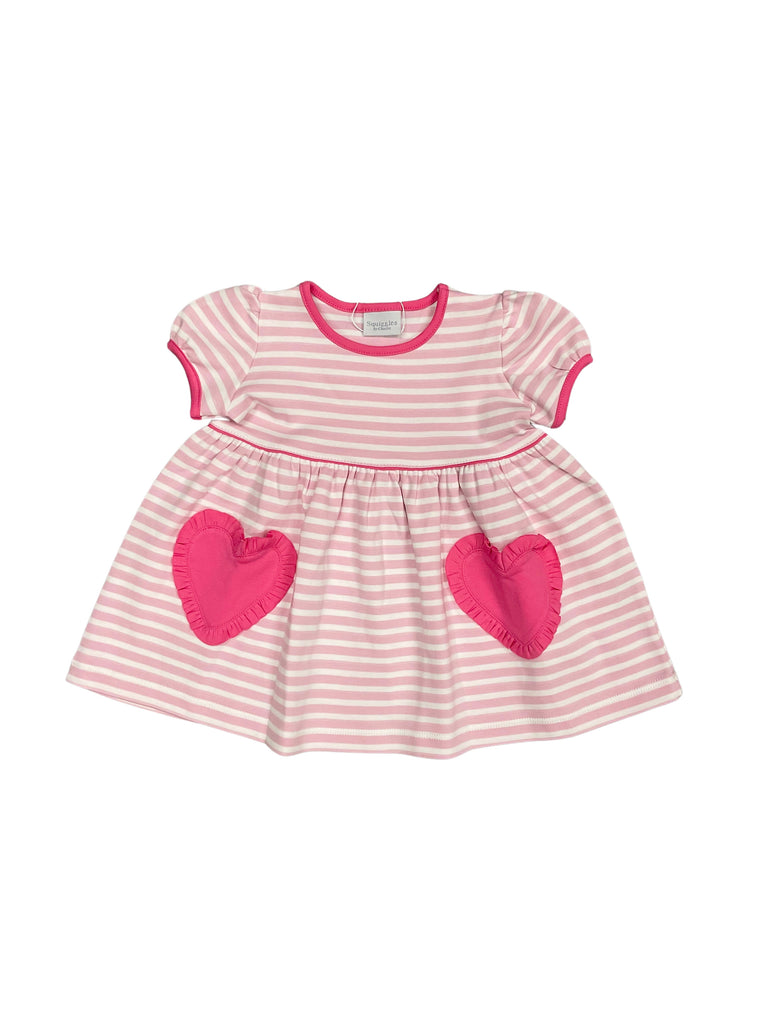 Squiggles Light Pink Stripe Popover Dress with Heart Pockets, Hot Pink Trim