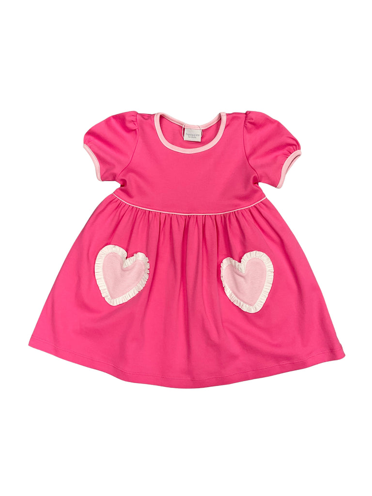 Squiggles Hot Pink Popover Dress with Heart Pockets, Light Pink Stripe