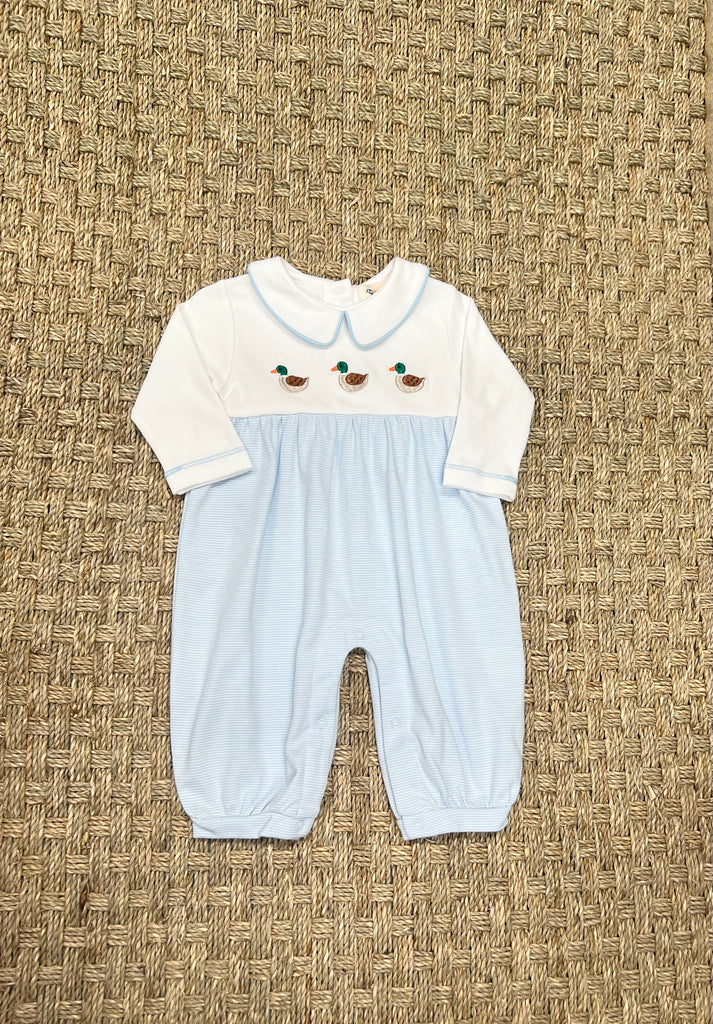 Luigi Collared Romper, Mallards on Baby Blue Stripe