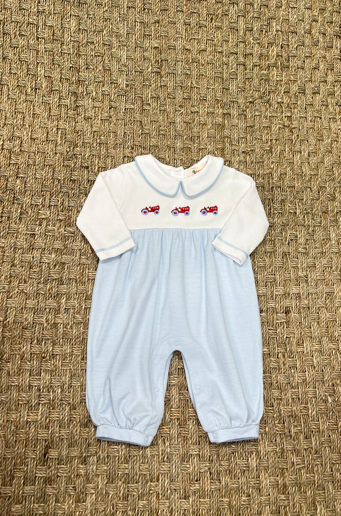 Luigi Collared Romper, Tractors on Baby Blue Stripe