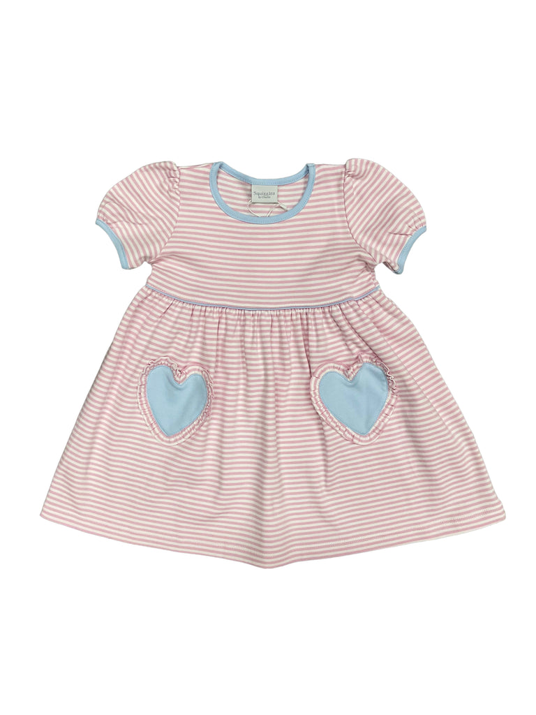 Squiggles Light Pink Stripe Popover Dress with Heart Pockets, Blue Trim