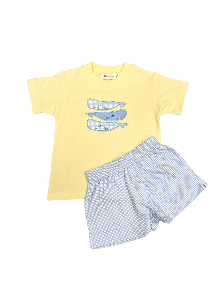 Luigi Short Set, Three Stacked Whales on Pale Yellow with Lt Blue Gingham Shorts