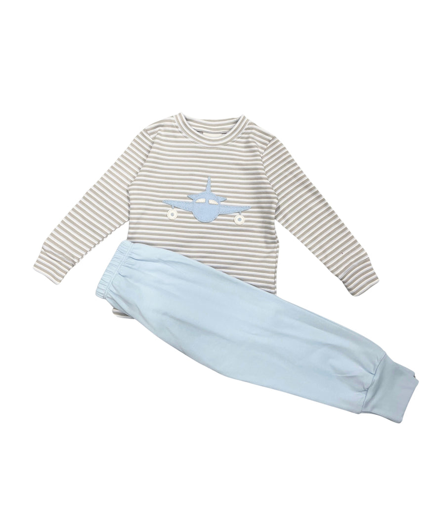 Squiggles Dive Bomber Pant Set, Gray and Sky Blue Stripe
