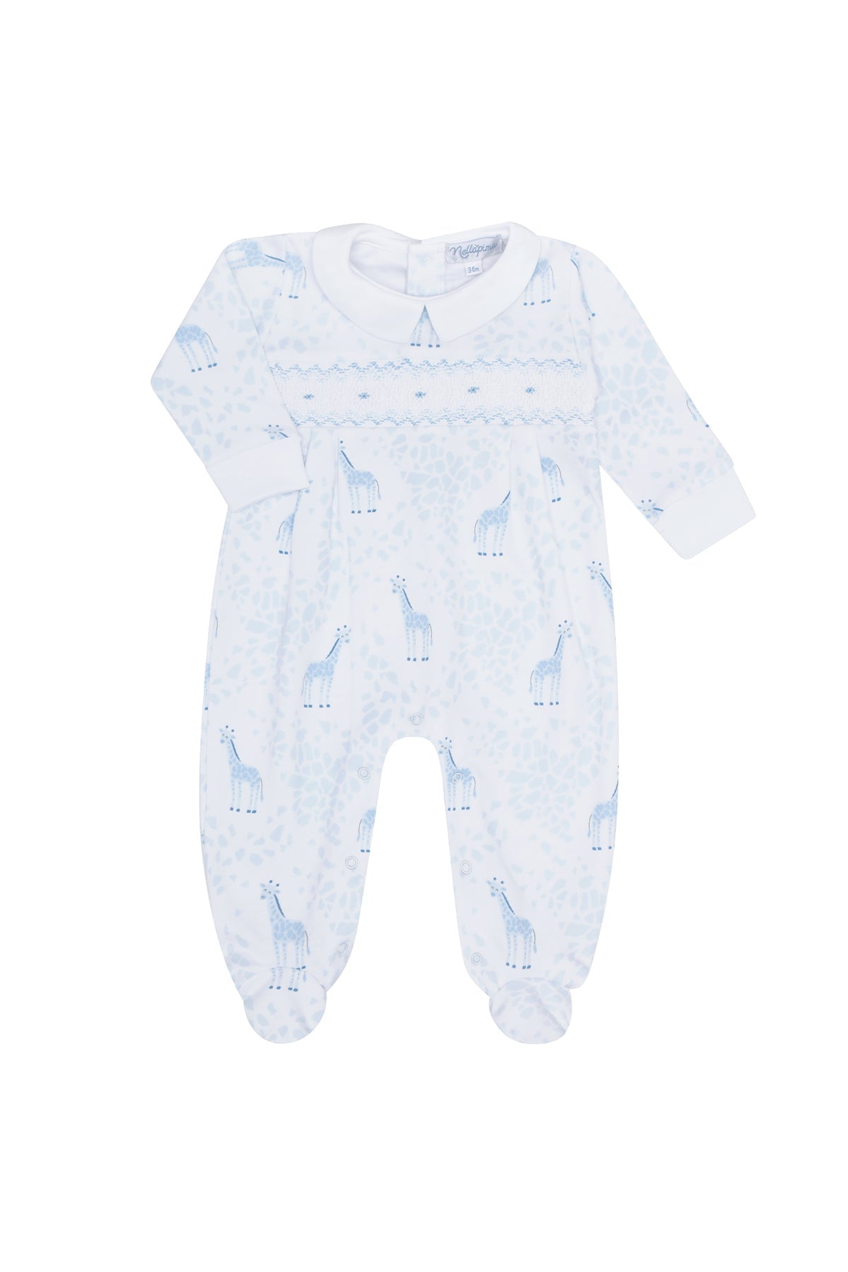 Nella Pima Blue Giraffe Print Smocked Footie