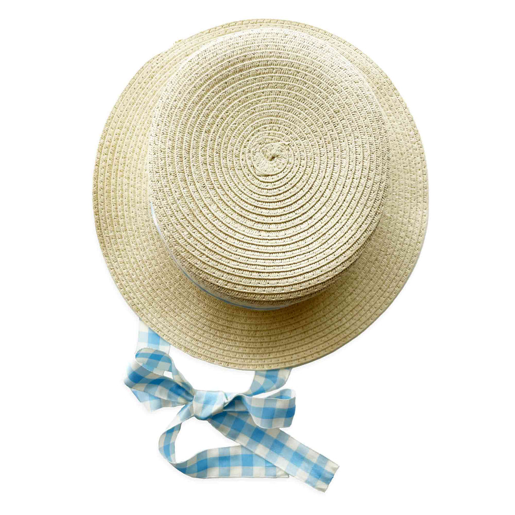 Eva's House Canotier Straw Hat with Gingham Taffeta Ribbon