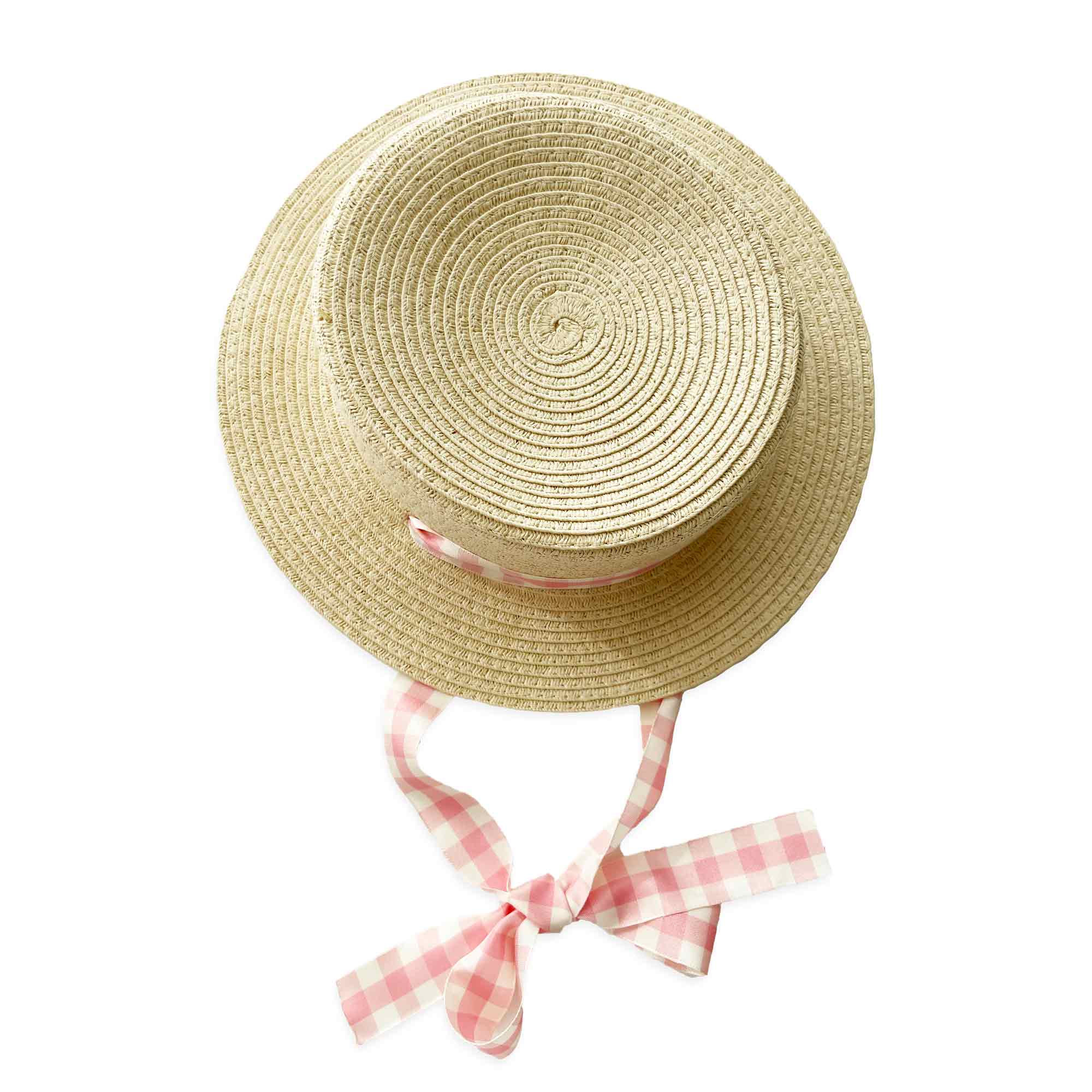 Eva's House Canotier Straw Hat with Gingham Taffeta Ribbon