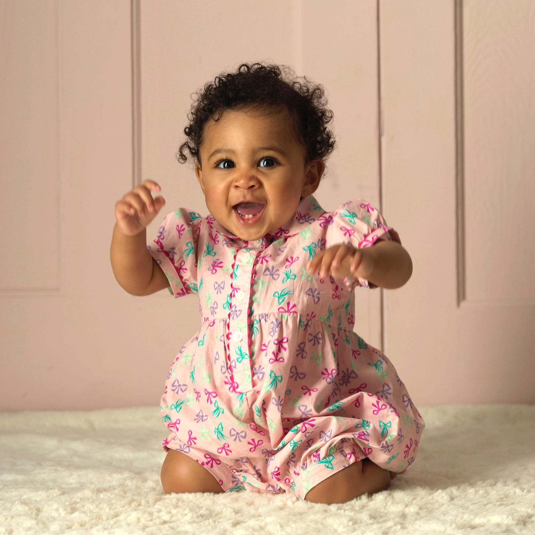 Rachel Riley Bow Button-Front Babysuit