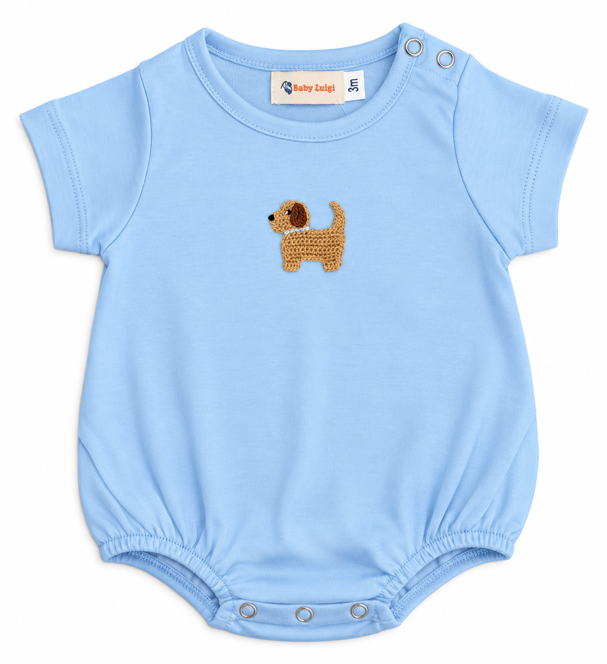 Luigi Onesie Bubble, Crochet Puppy on Light Sky Blue