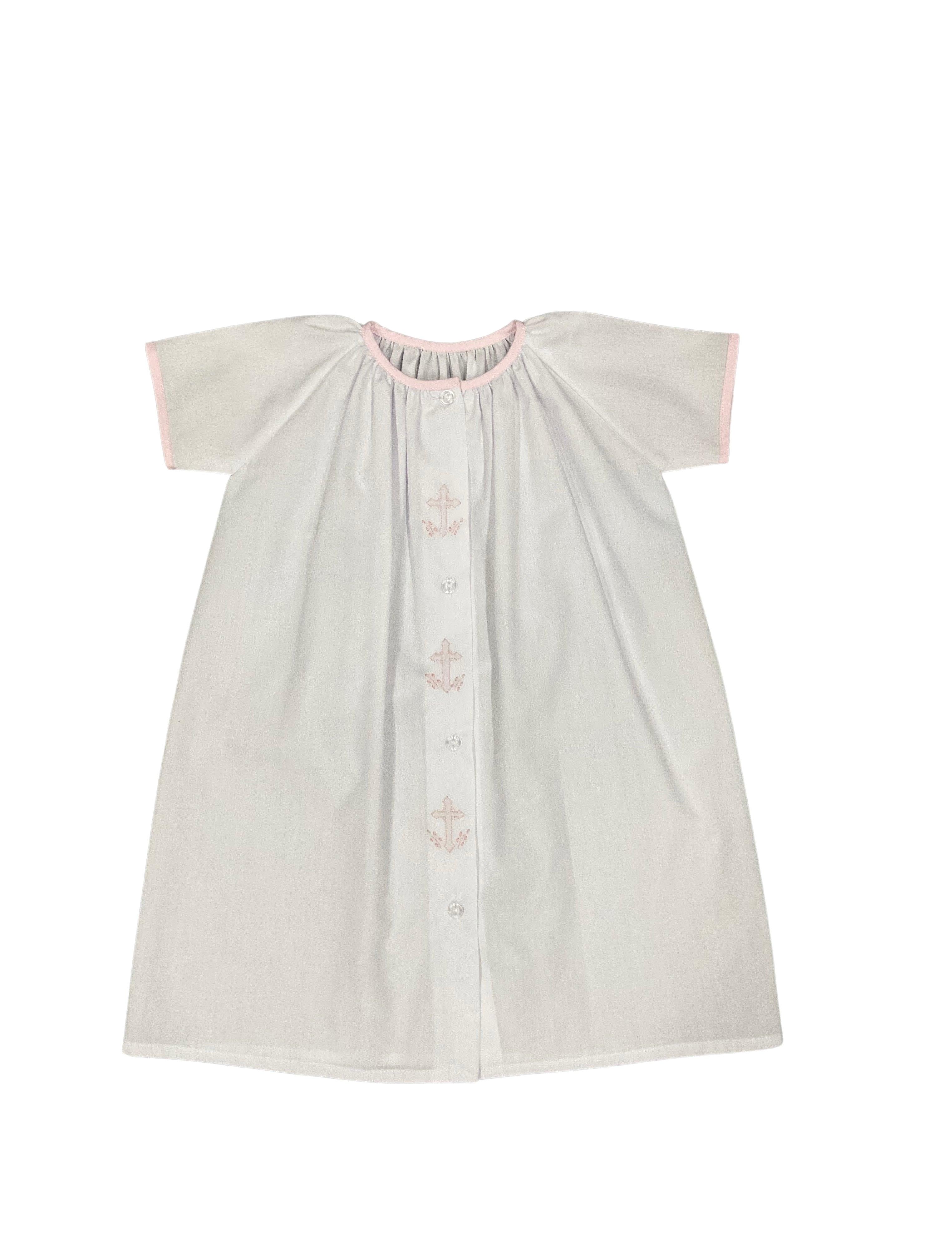 Auraluz Daygown with Pink Trim & Cross Embroidery - shopnurseryrhymes