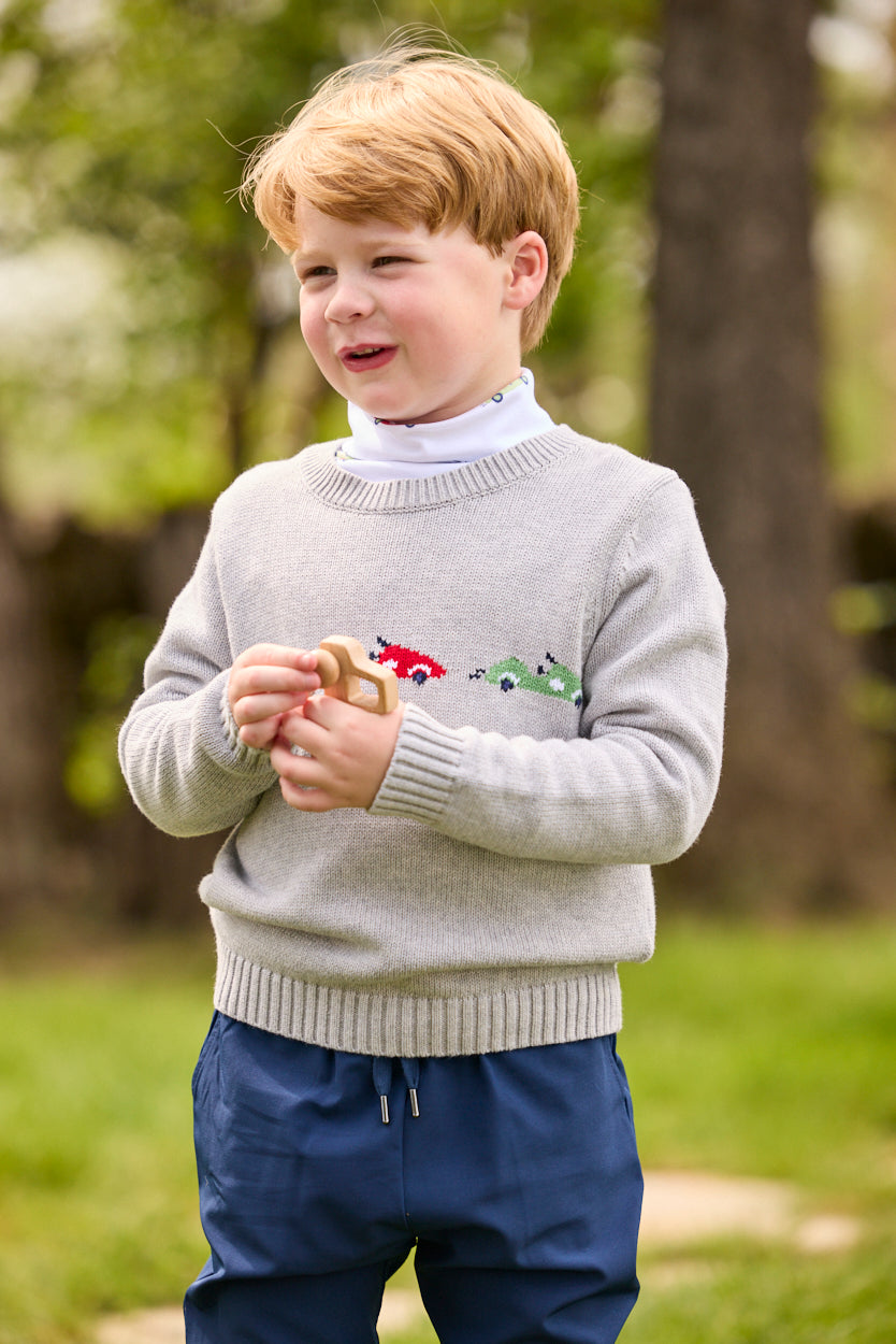 Little English Intarsia Sweater, Race Cars
