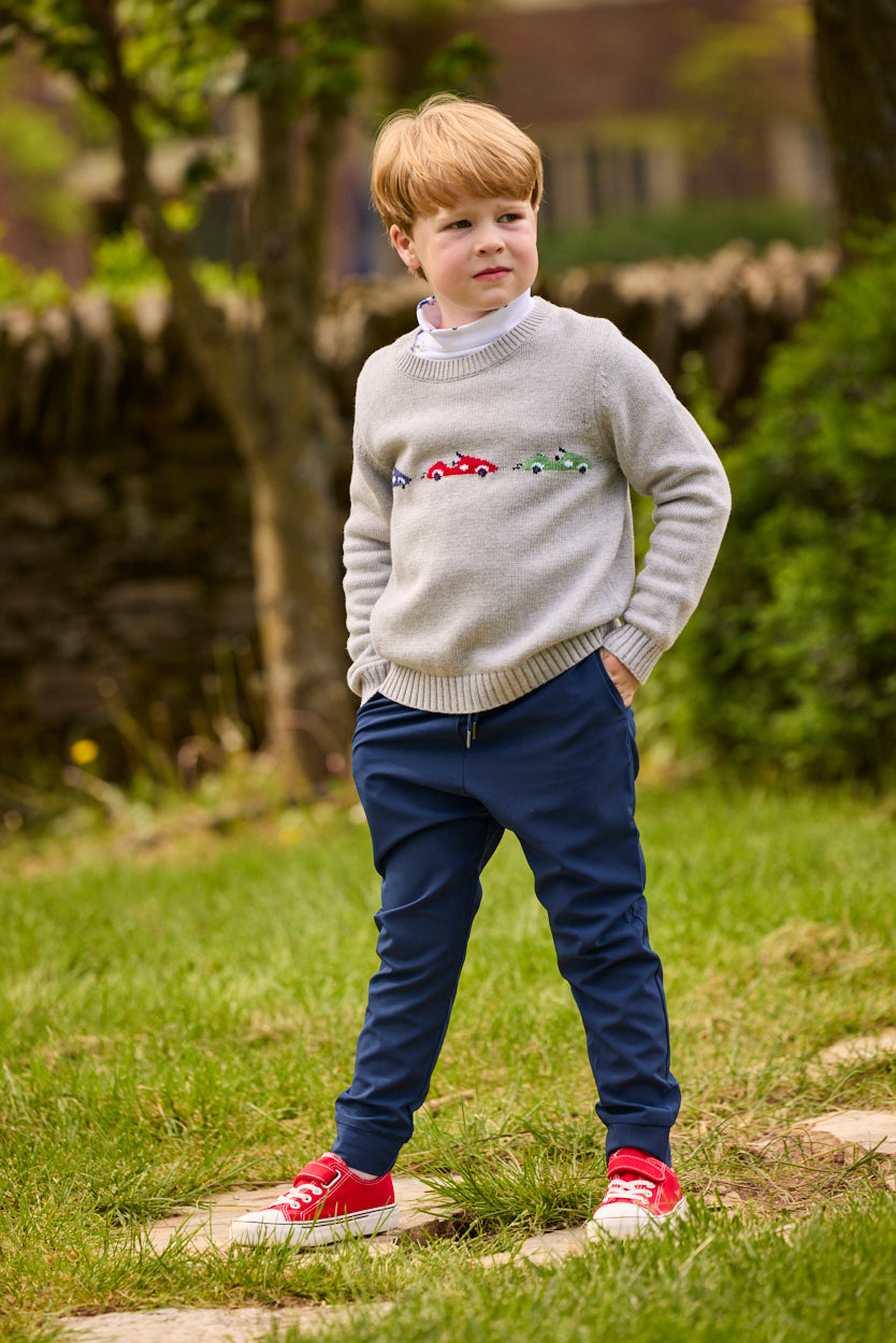 Little English Intarsia Sweater, Race Cars