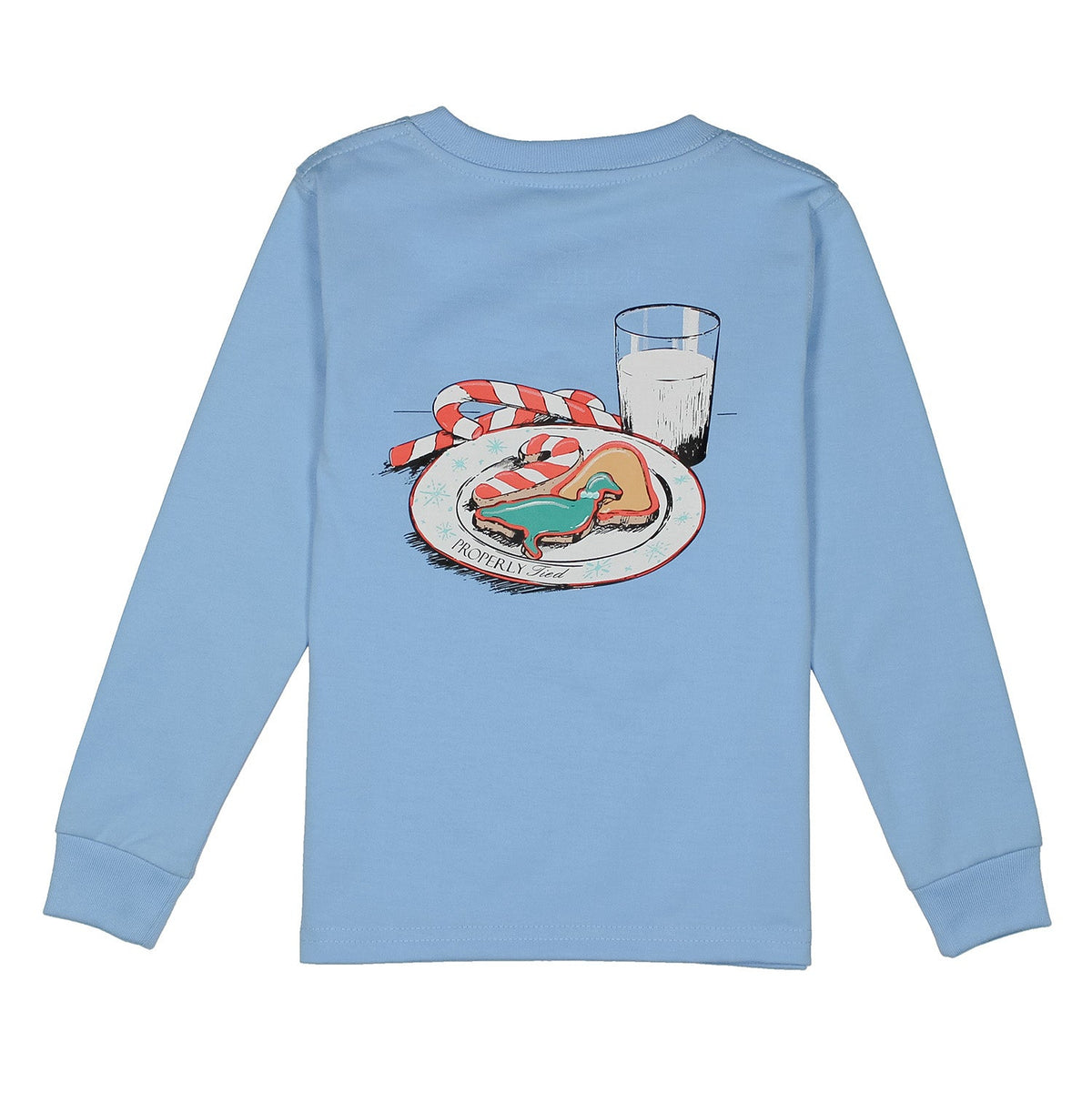 Properly Tied Tee, Milk and Cookies on Light Blue