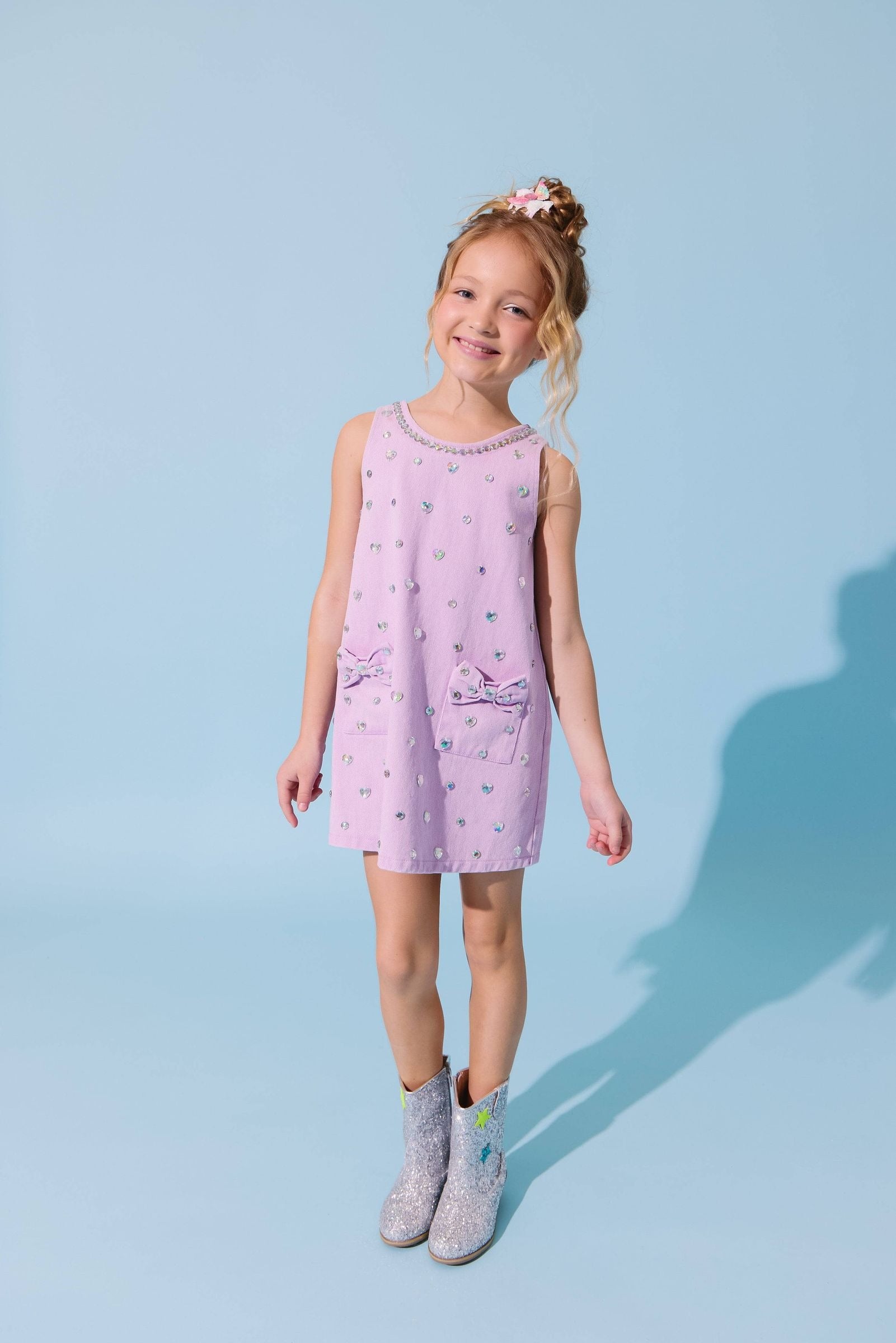 Lola & The Boys Lavender Crystal Heart Denim Bow Dress