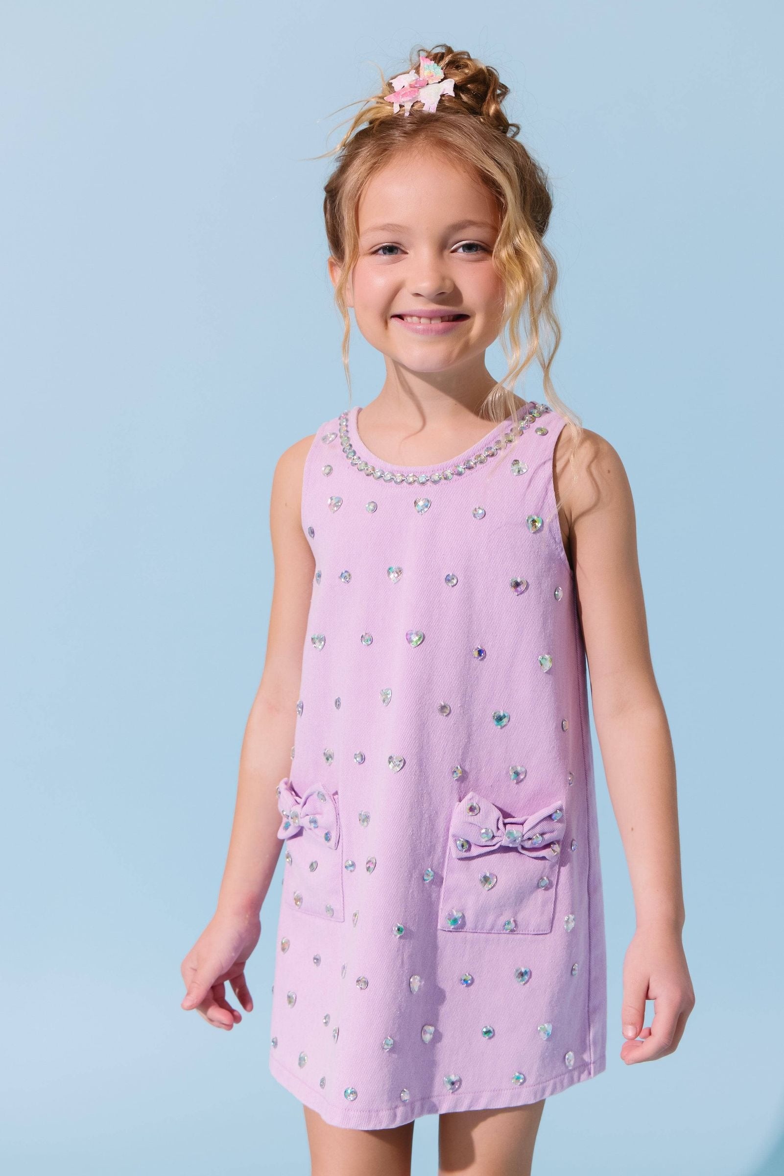 Lola & The Boys Lavender Crystal Heart Denim Bow Dress