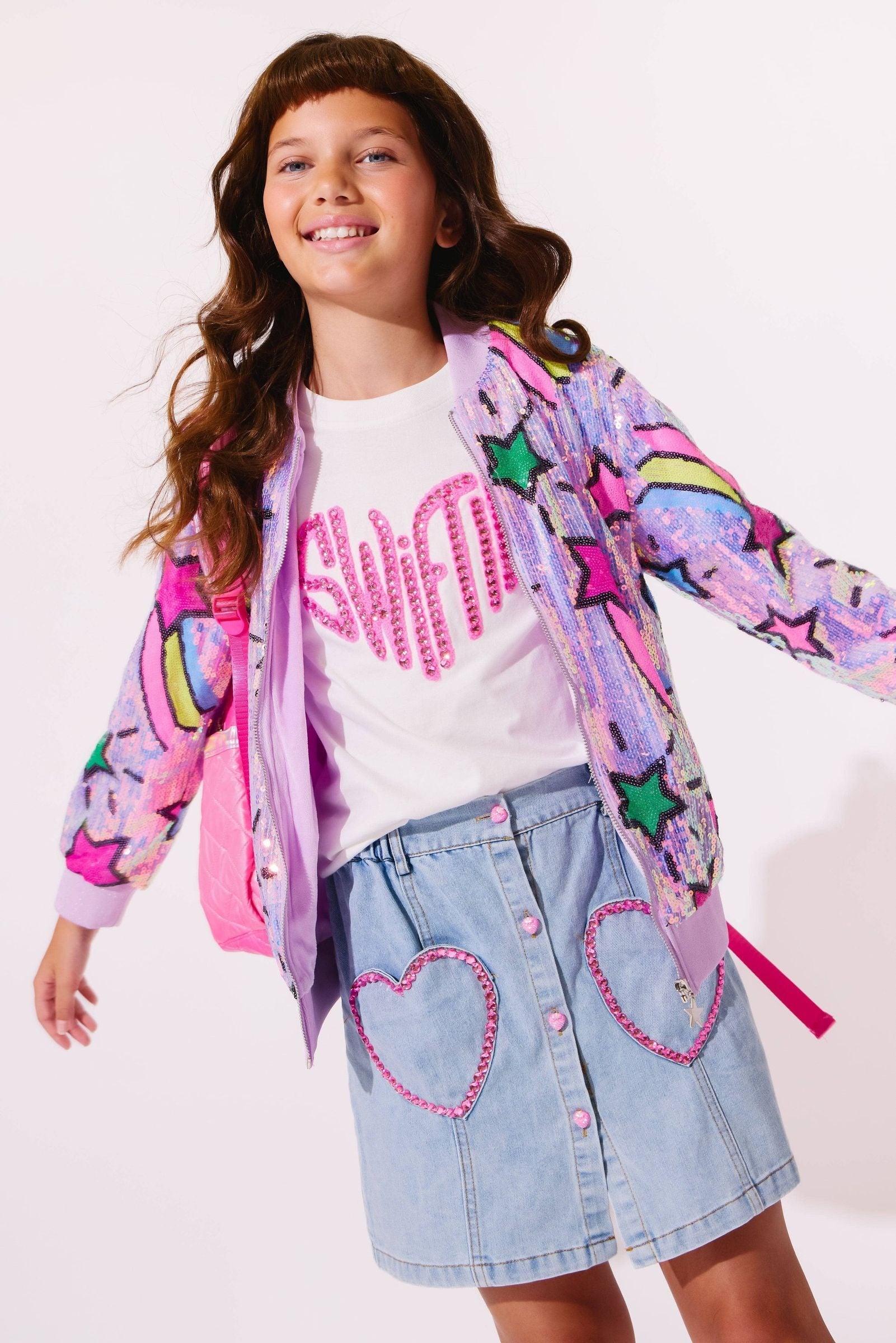 Lola & The Boys Lavender Shooting Star Sequin Bomber
