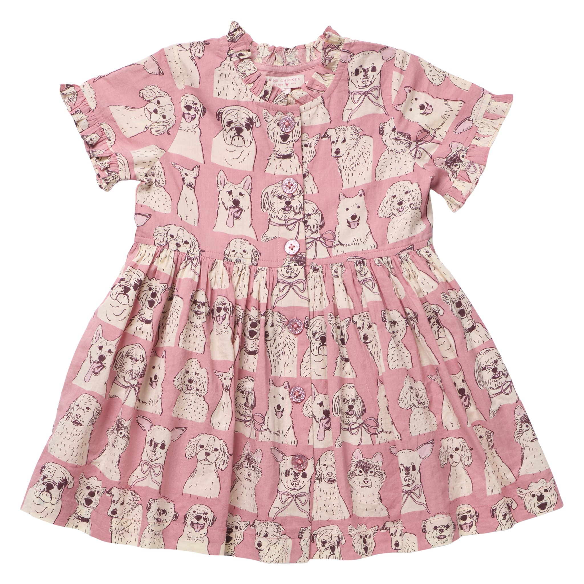 Pink Chicken Autumn Dress, Pink Sketched Dogs