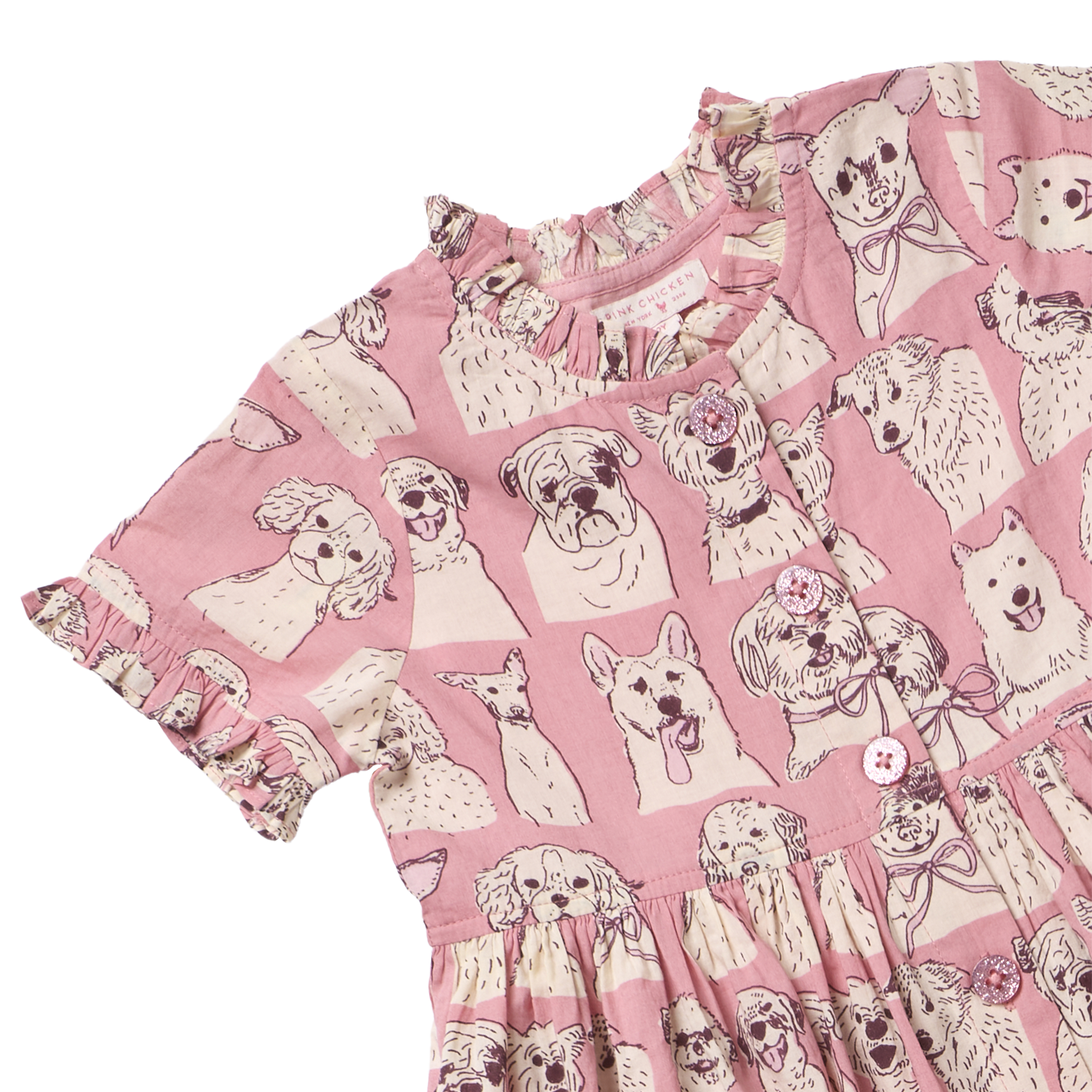 Pink Chicken Autumn Dress, Pink Sketched Dogs