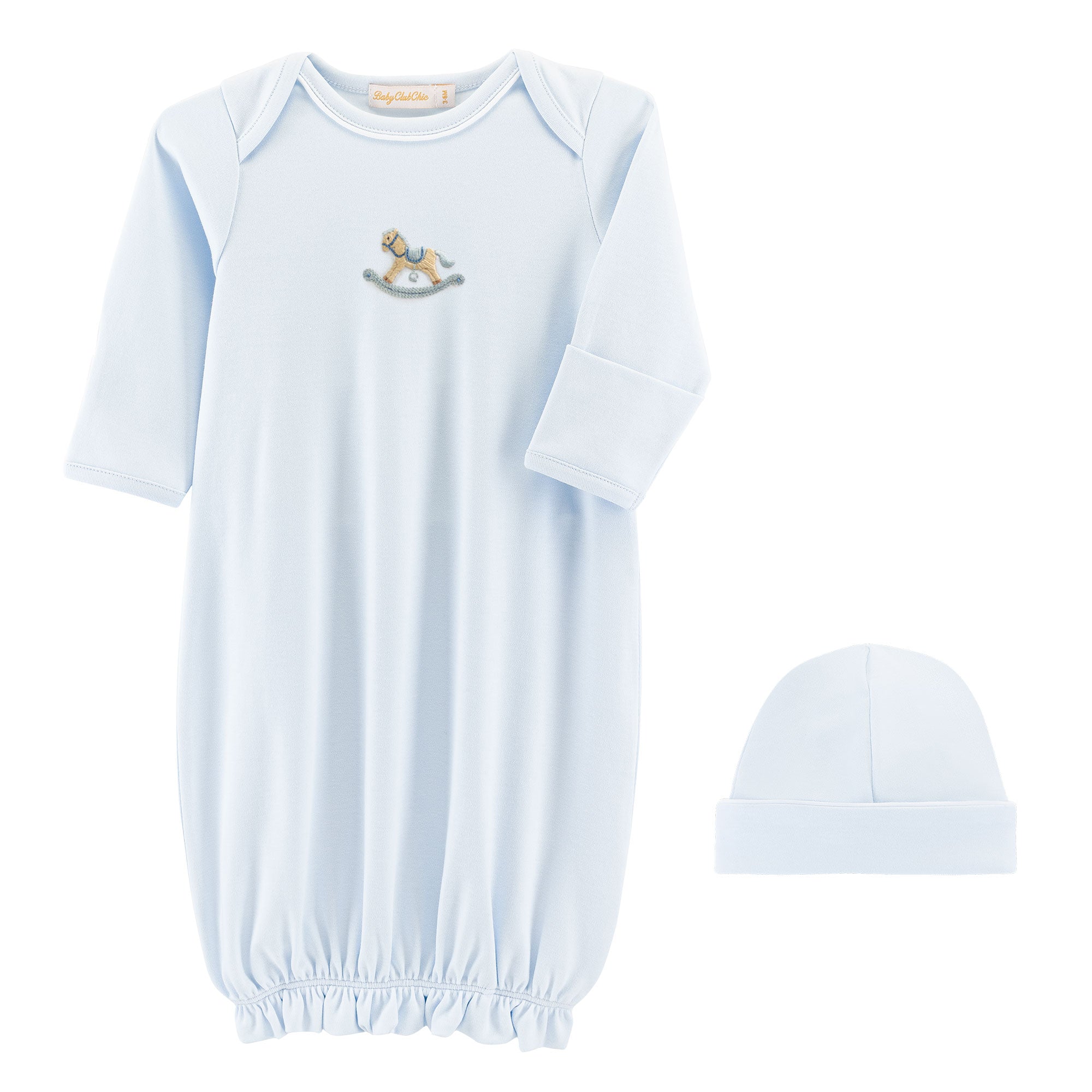 Baby Club Chic Cute Rocking Horse Blue Embroidered Gown Set