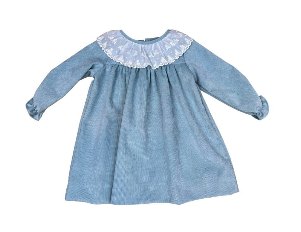 Anvy Kids Aqua Corduroy Christy Dress, Lace Collar with Trees