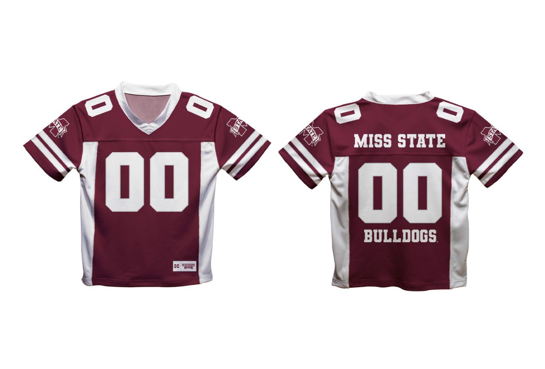 Maroon and white football jersey with 'Miss State Bulldogs' text on a white background