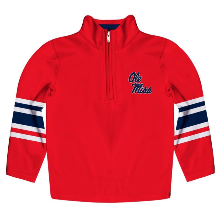Red quarter-zip sweatshirt with Ole Miss logo and sleeve stripes on a white background