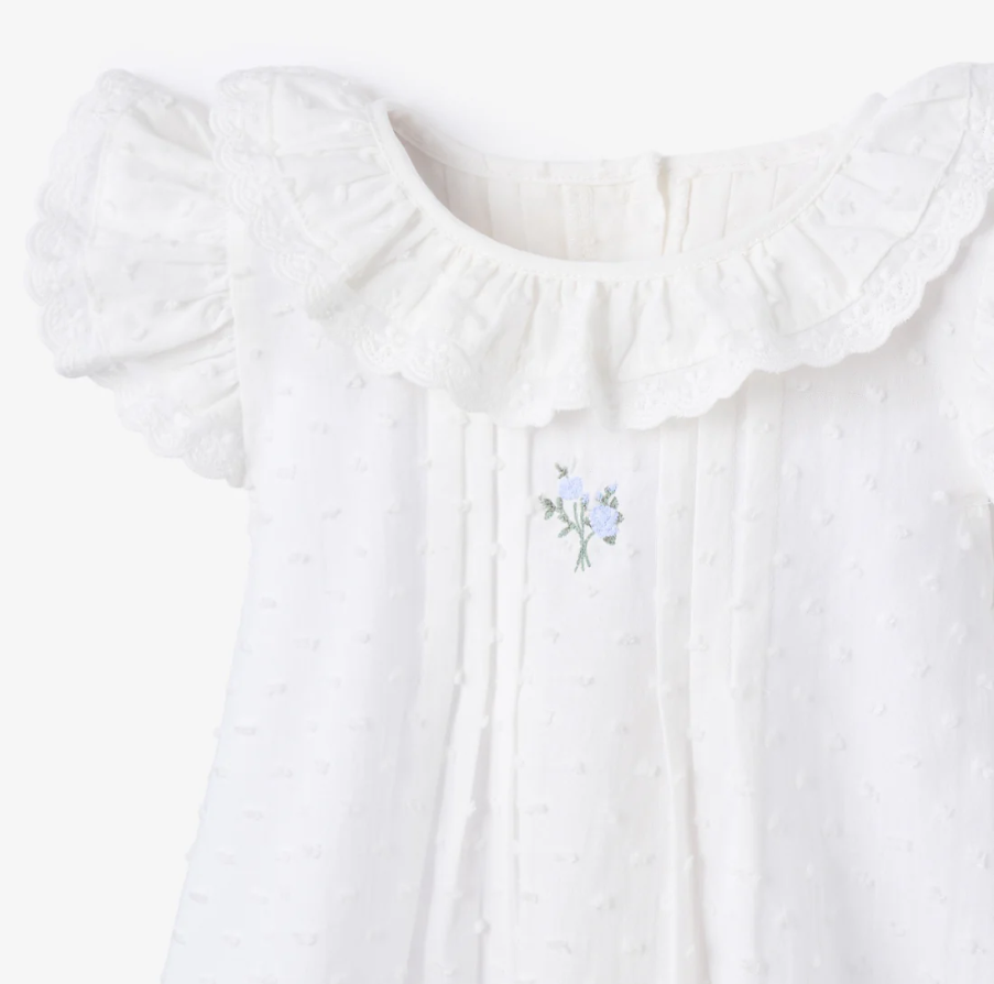 Elegant Baby Blue Rose Embroidered Swiss Dot Tucking Dress