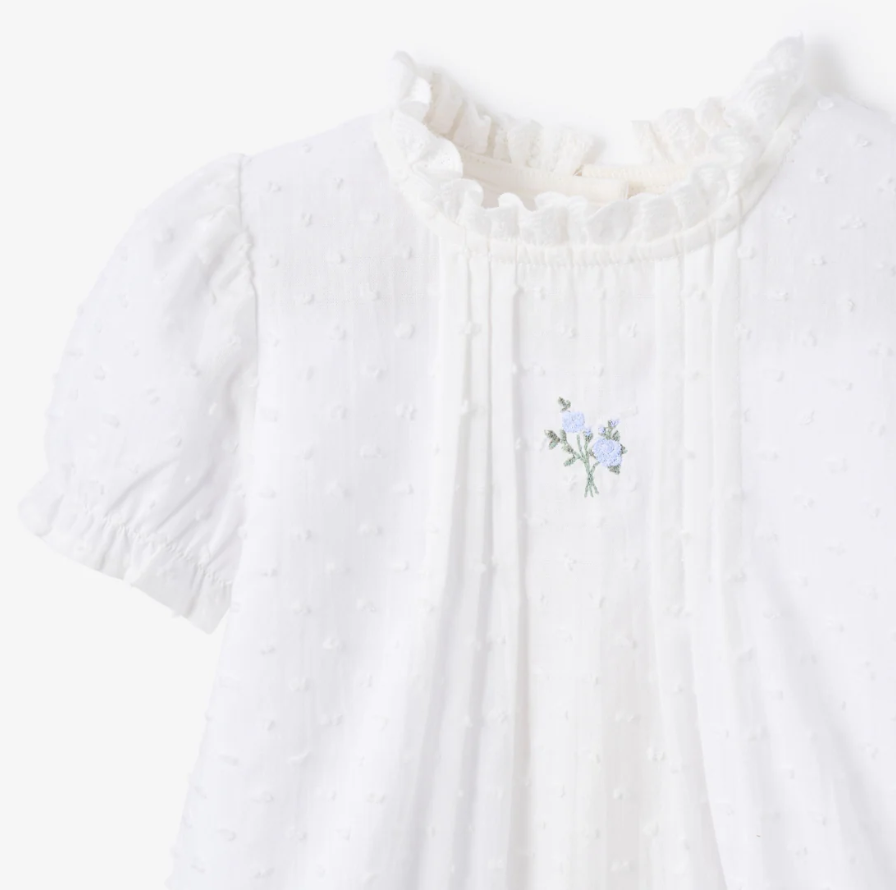 Elegant Baby Blue Rose Embroidered Swiss Dot Tucking Bubble