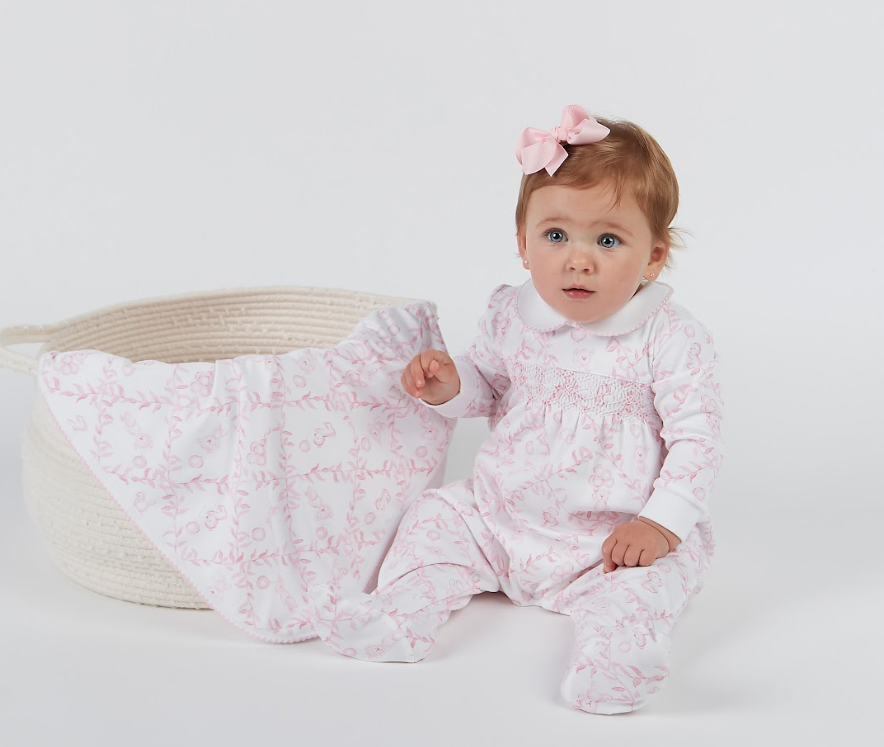 Nella Pima Pink Bears Trellace Smocked Footie