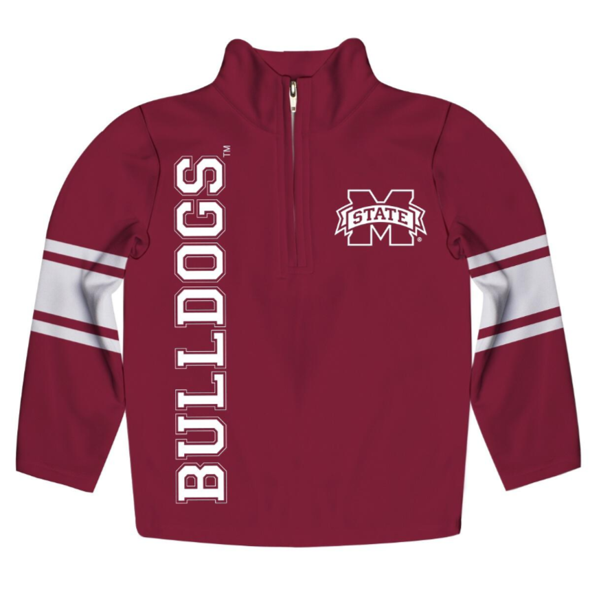 Maroon quarter-zip sweatshirt with 'Bulldogs' and logo on a white background