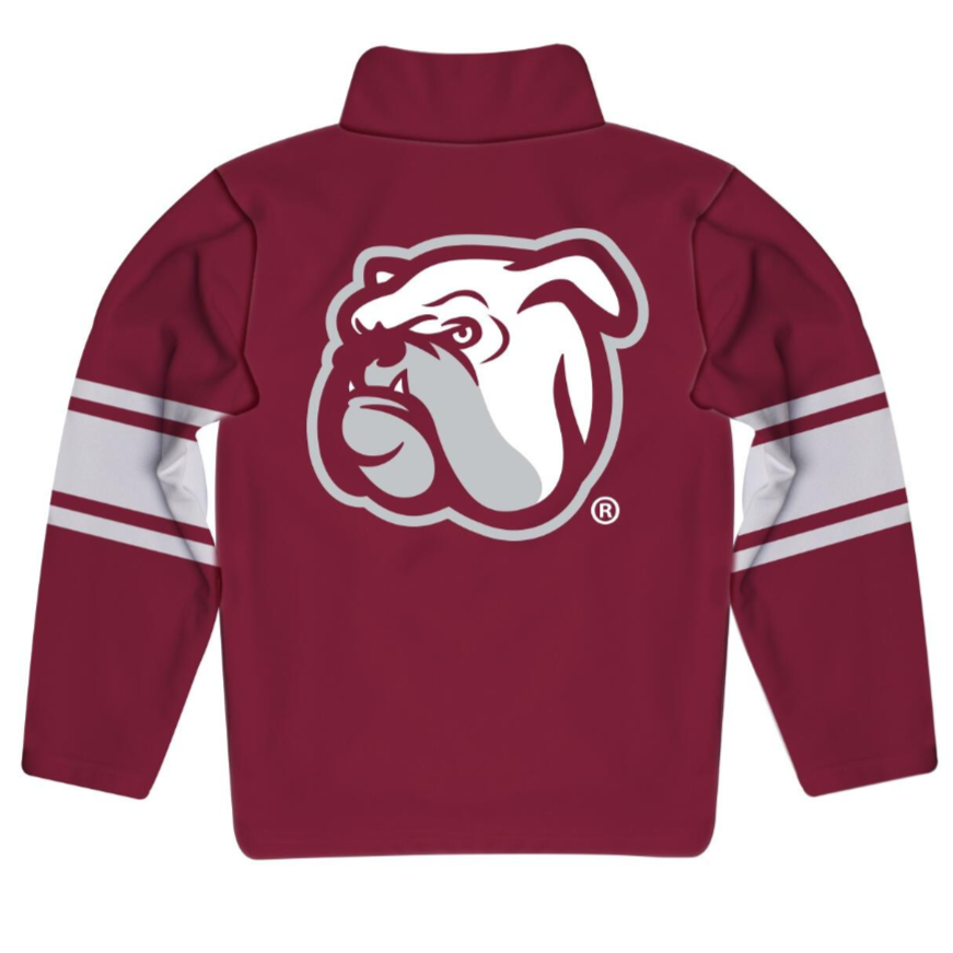 Maroon jacket with a bulldog logo on the back against a white background