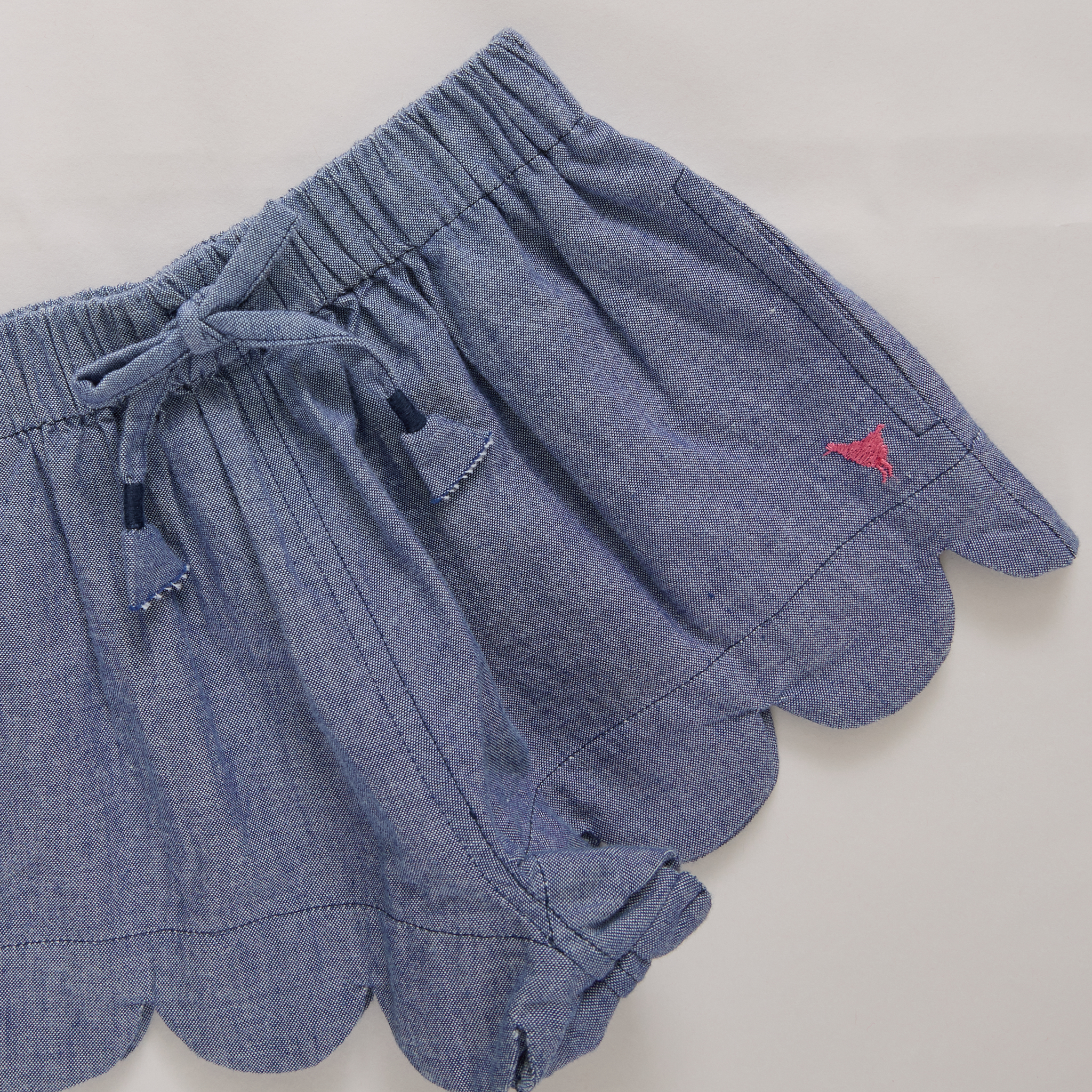 Pink Chicken Scallop Shorts, Chambray