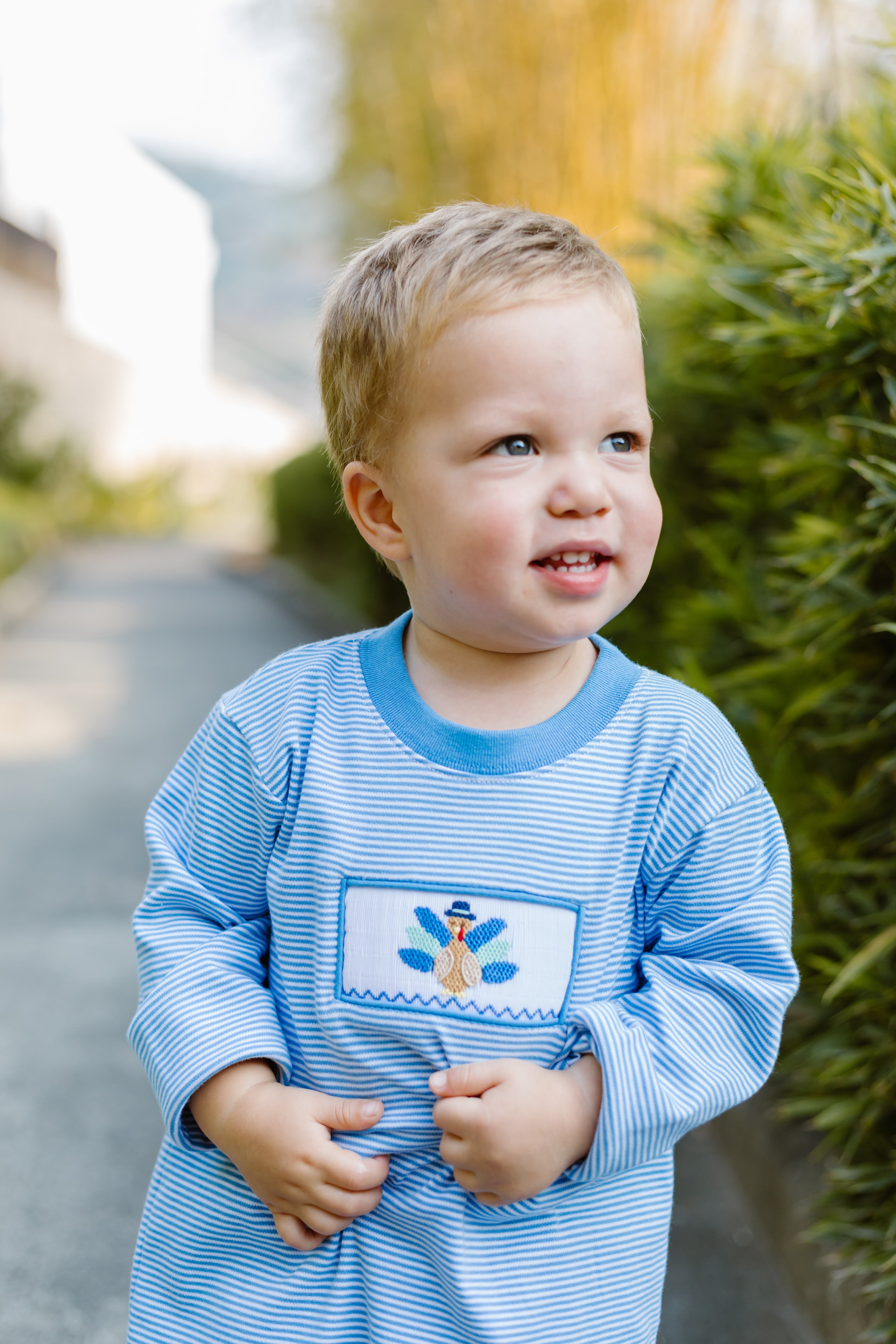 Zuccini Harry's Play Tee, Turkey on Periwinkle Bitty Stripe Knit