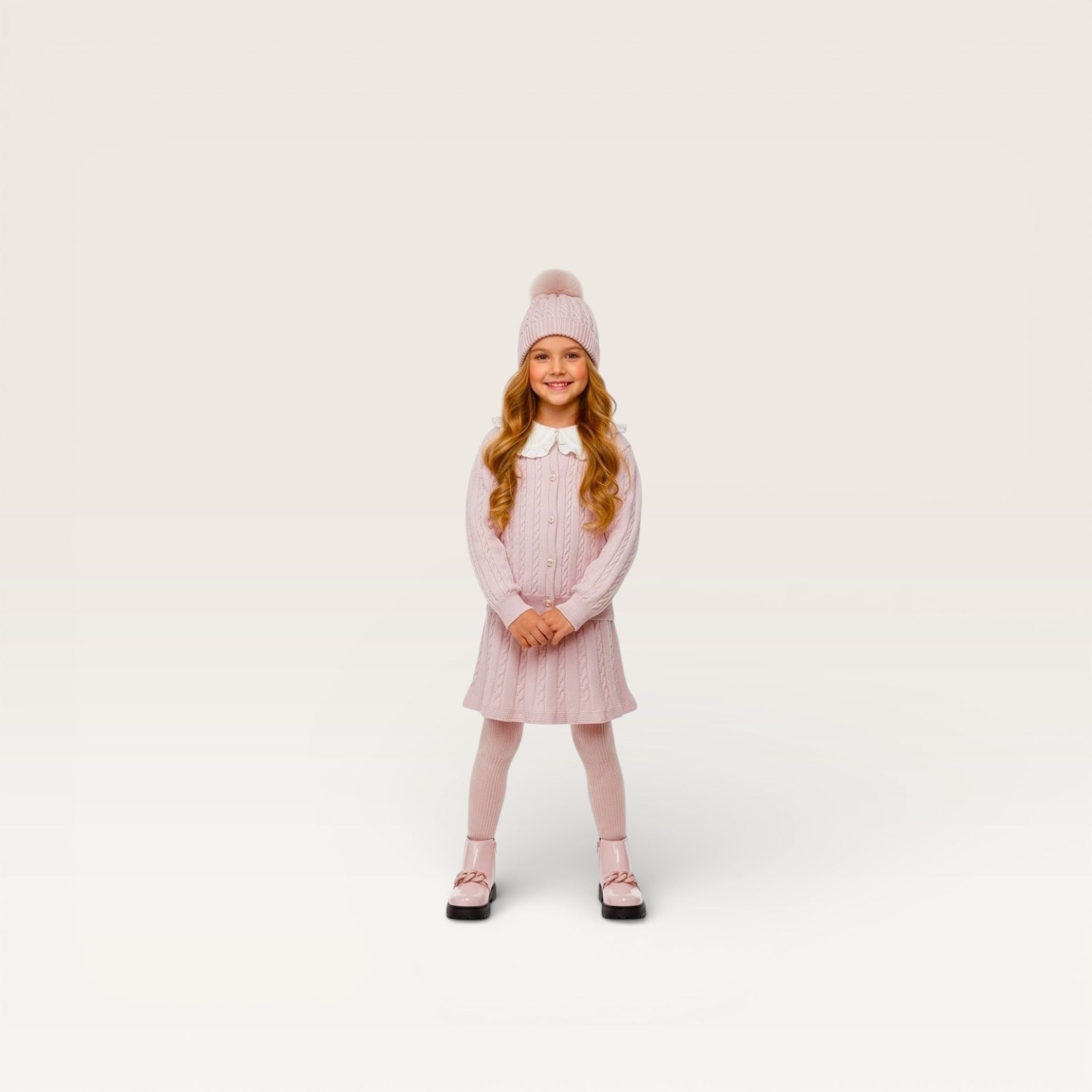 Mi Lucero Pink Cable Tobaggan Hat with Pom