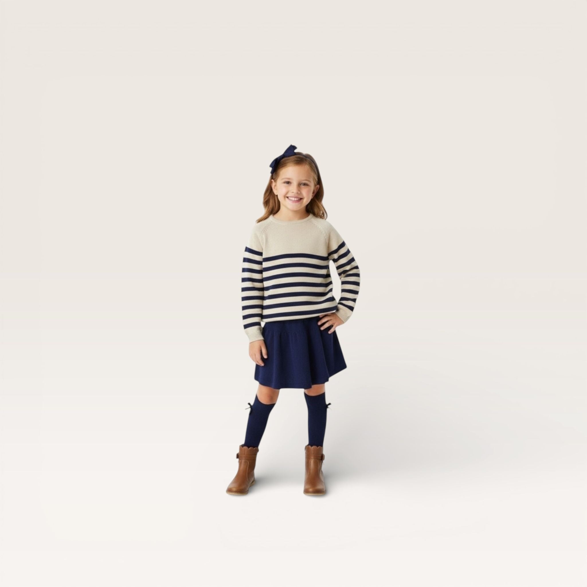 Mi Lucero Navy & Tan Striped Crew Neck