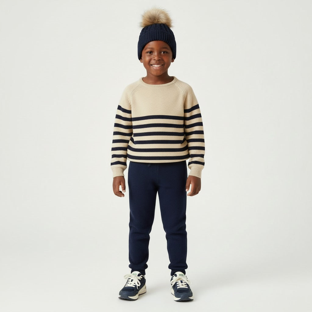 Mi Lucero Navy & Tan Striped Crew Neck