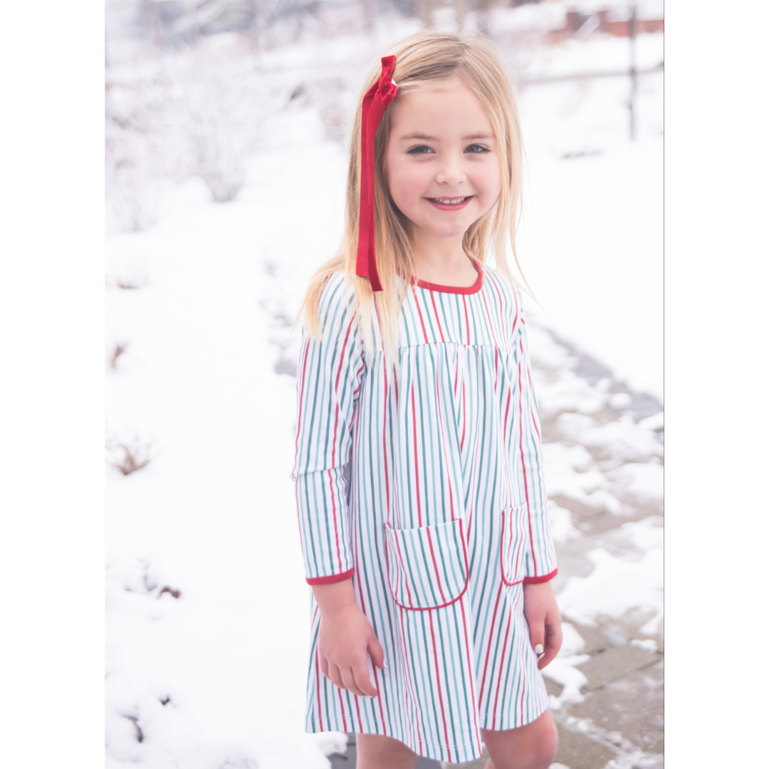 James & Lottie Lennon Knit Pocket Dress, Christmas Stripe