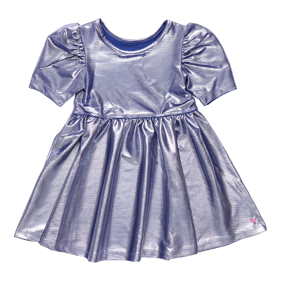 Metallic silver dress with puff sleeves on a white background