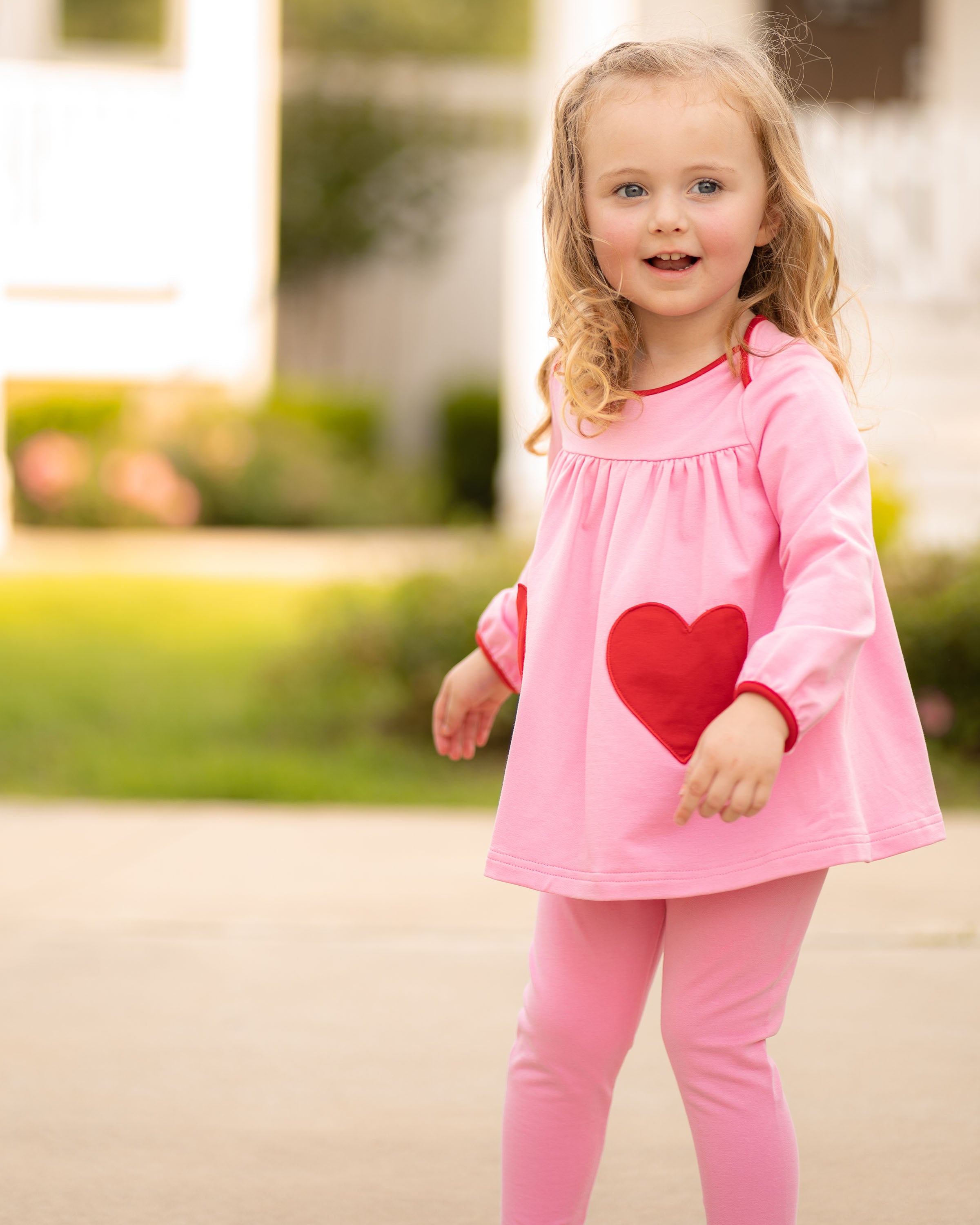 Yellow Lamb Tabby Tunic & Leggings, Pink with Hearts