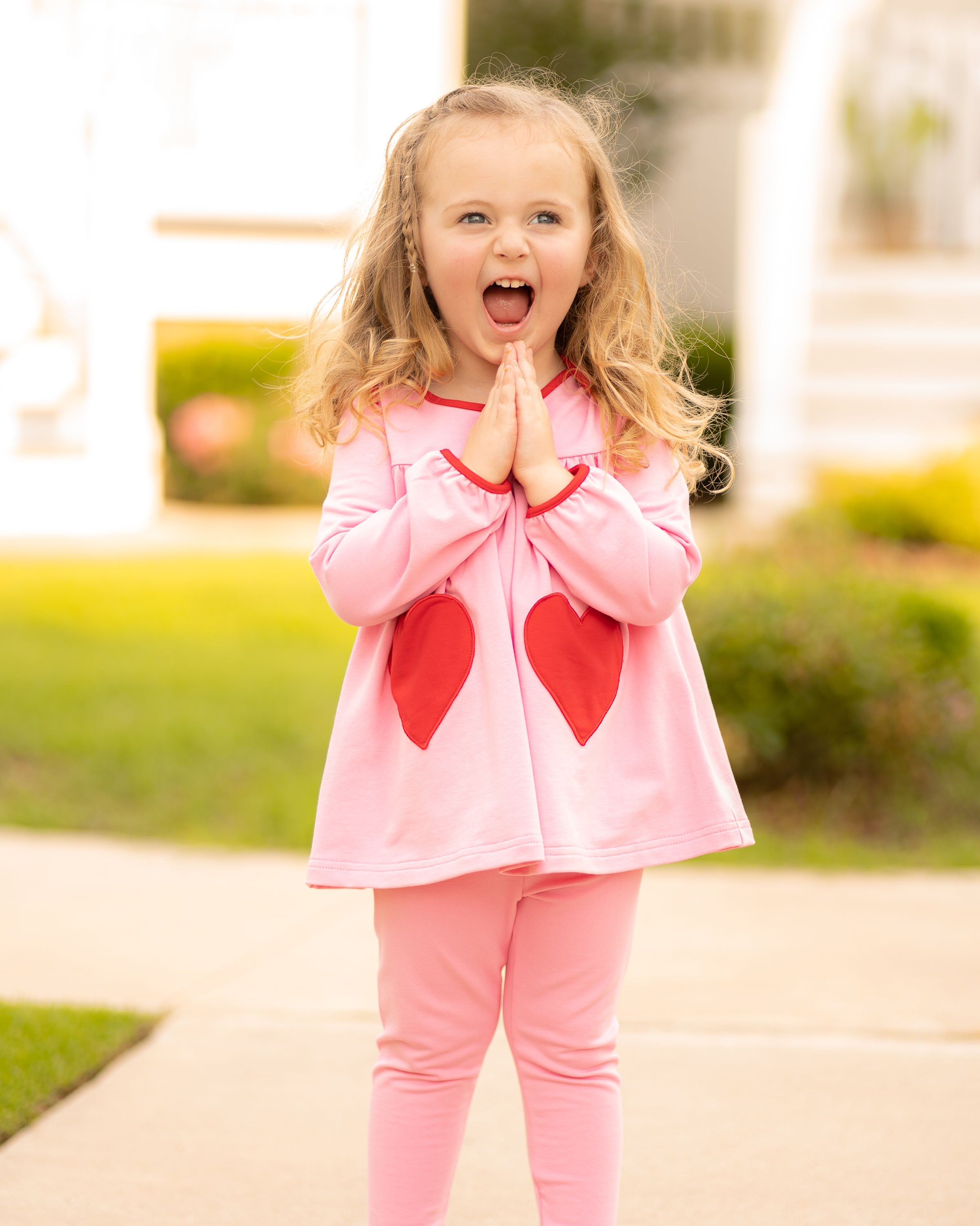 Yellow Lamb Tabby Tunic & Leggings, Pink with Hearts