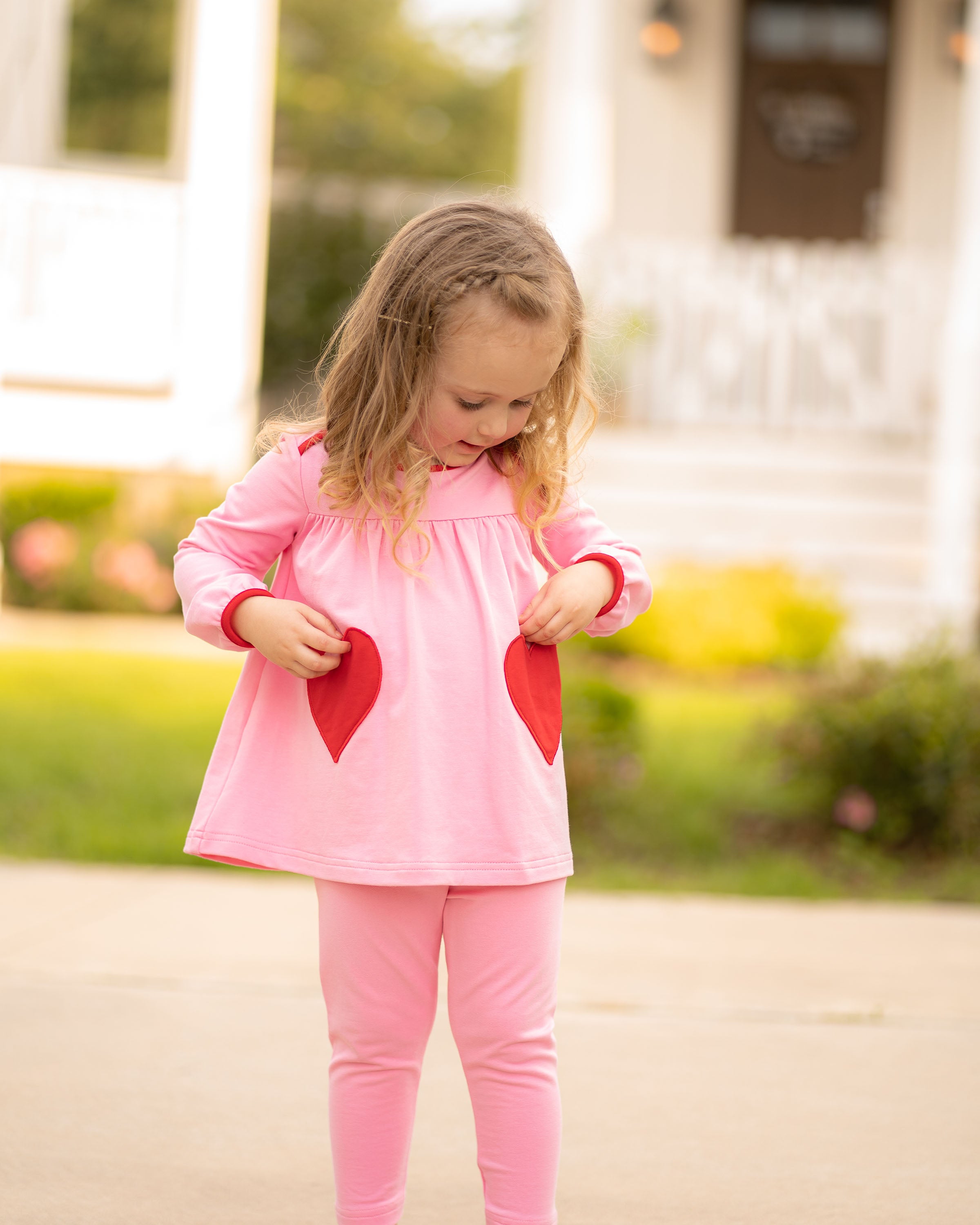 Yellow Lamb Tabby Tunic & Leggings, Pink with Hearts