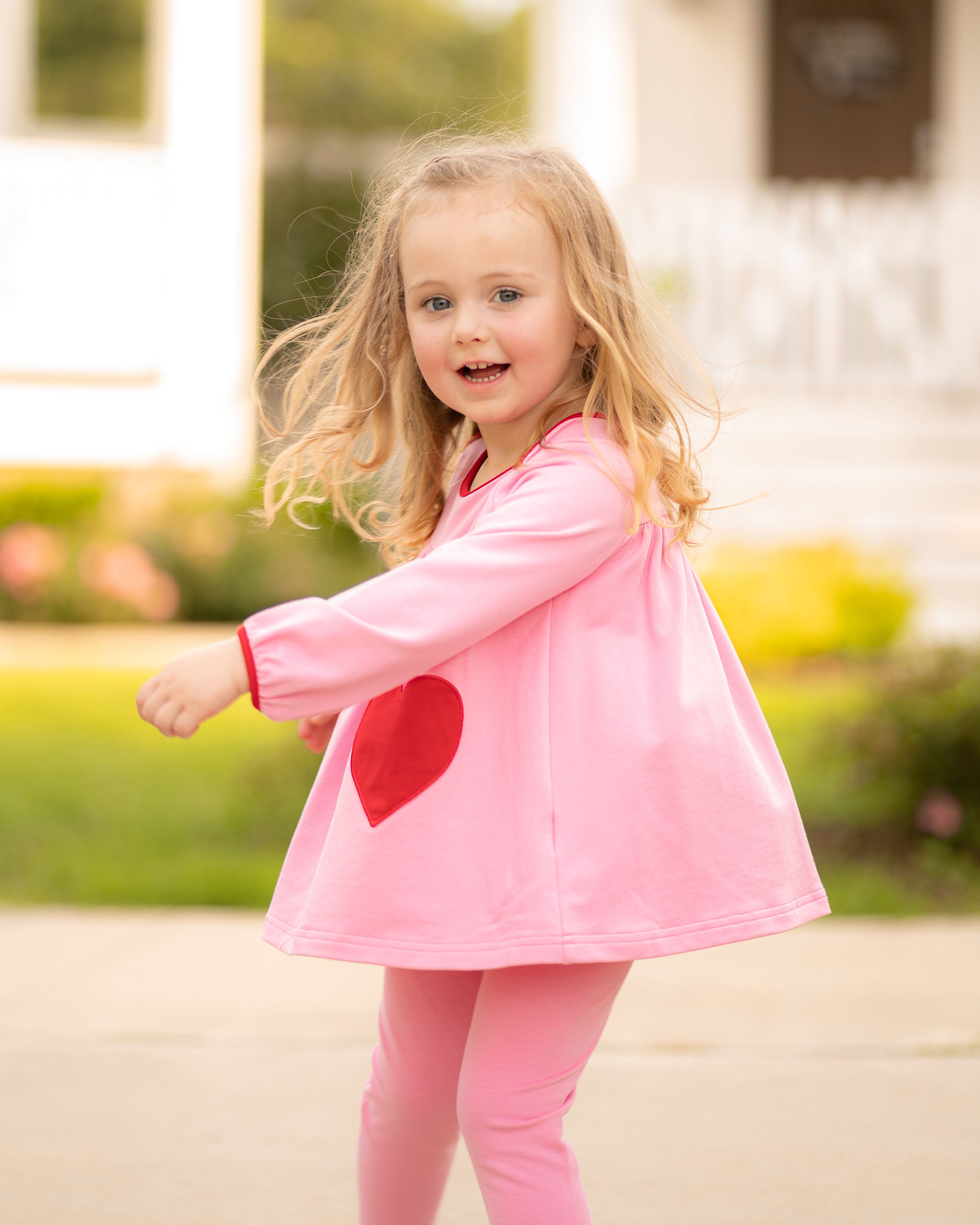 Yellow Lamb Tabby Tunic & Leggings, Pink with Hearts