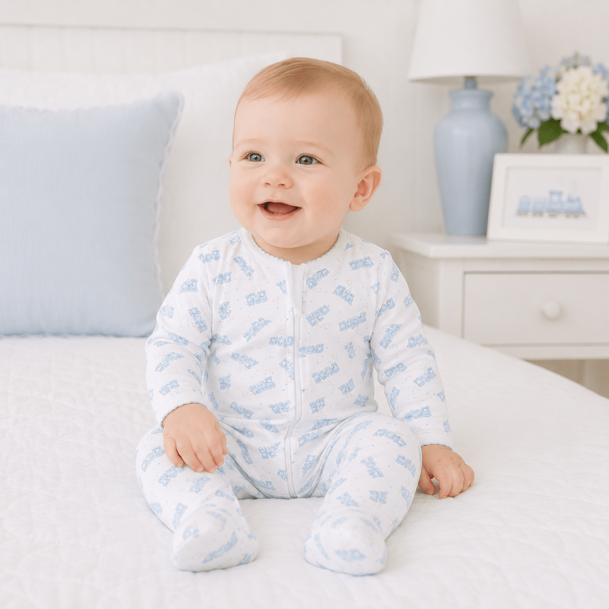 Magnolia Baby Choo Choo Train Print Zip Footie