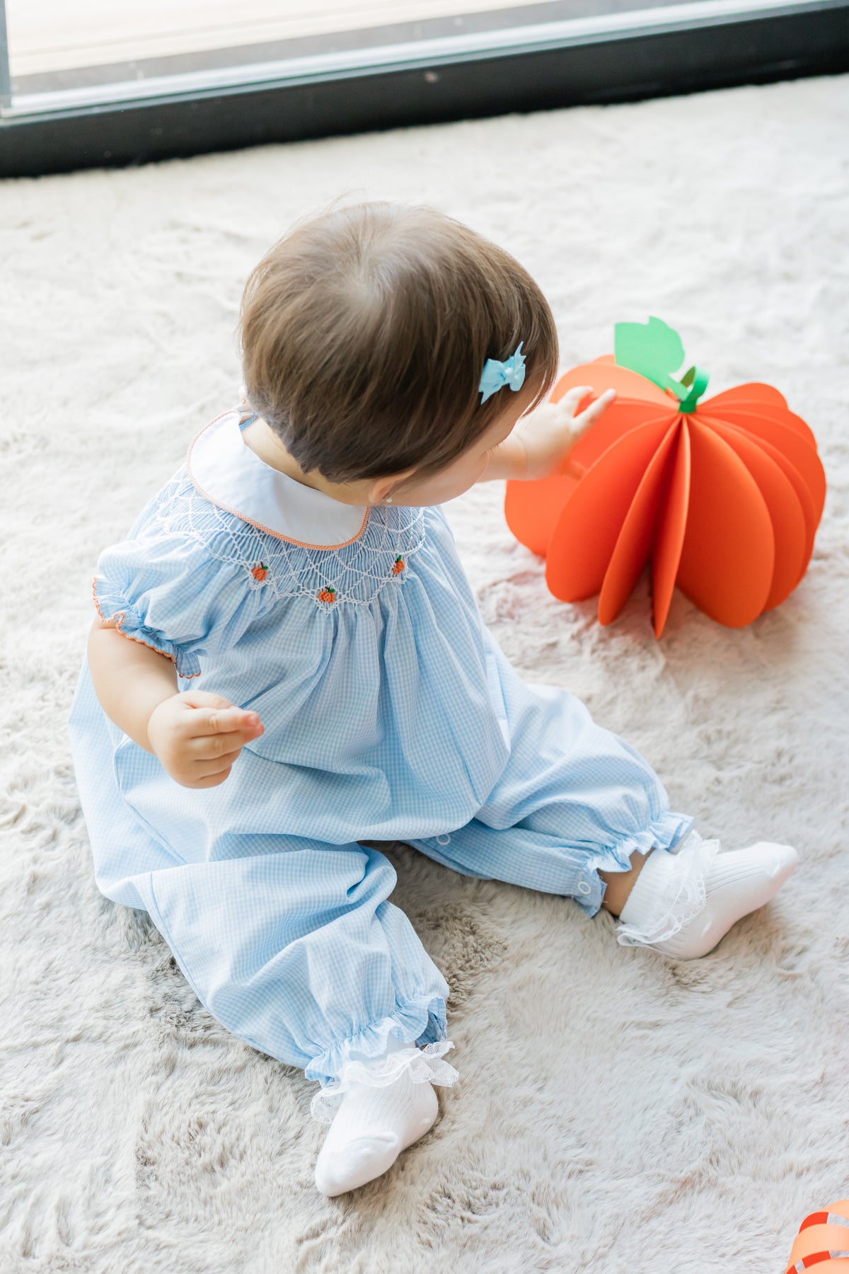 Zuccini Billie Bishop Bubble, Pumpkin on Light Blue Minigingham