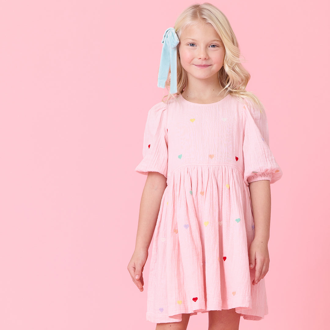 Pink Chicken Brooke Dress, Candy Heart Embroidery