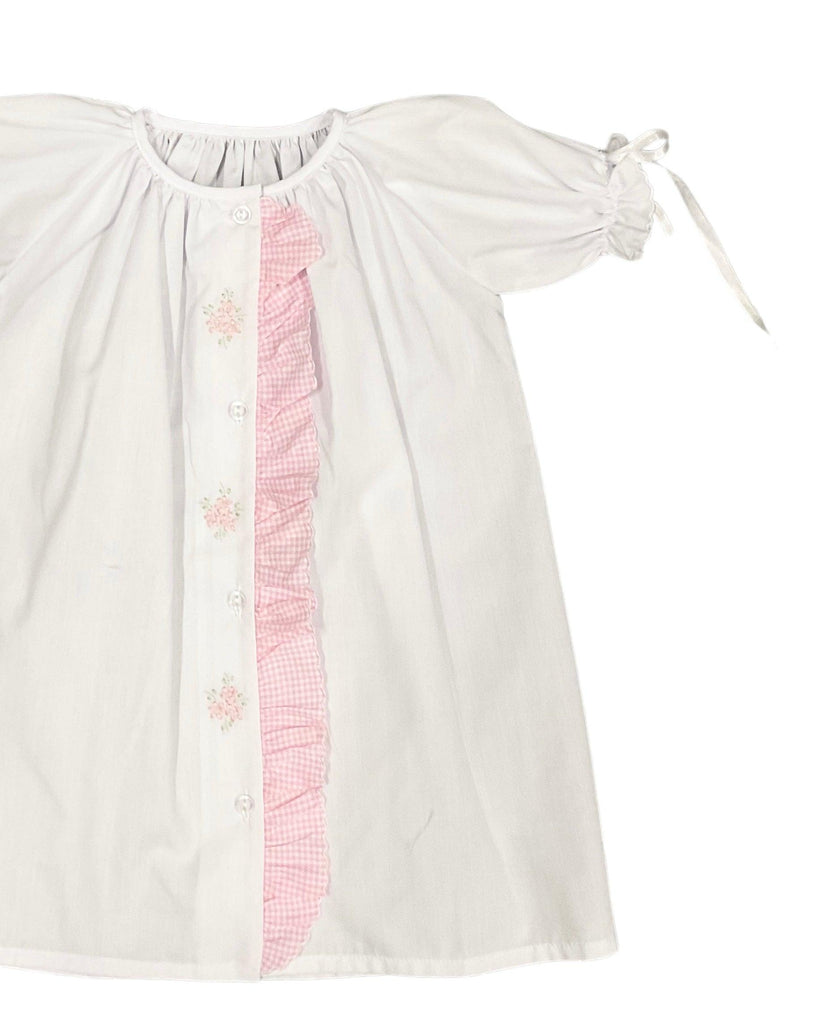Auraluz Pink Check Ruffle Daygown with Satin Flower Embroidery - shopnurseryrhymes