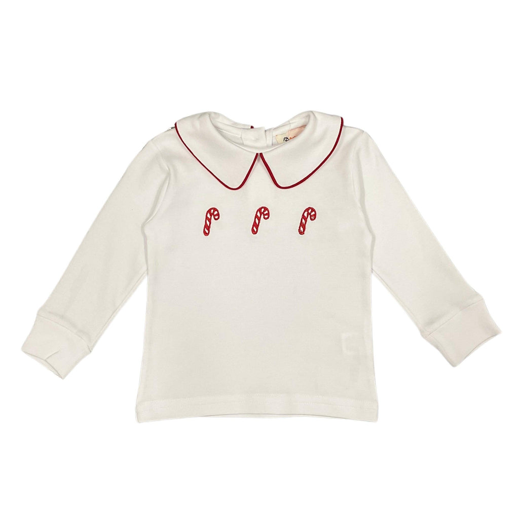 Luigi LS Top with Candy Canes, White with Deep Red Piping - shopnurseryrhymes