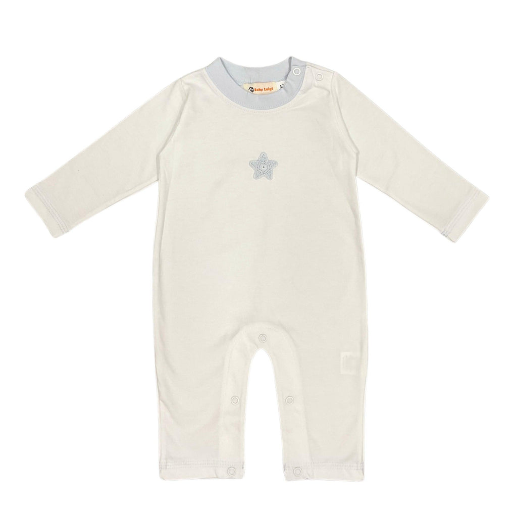 Luigi Jersey Romper Crochet Star, White/Baby Blue - shopnurseryrhymes