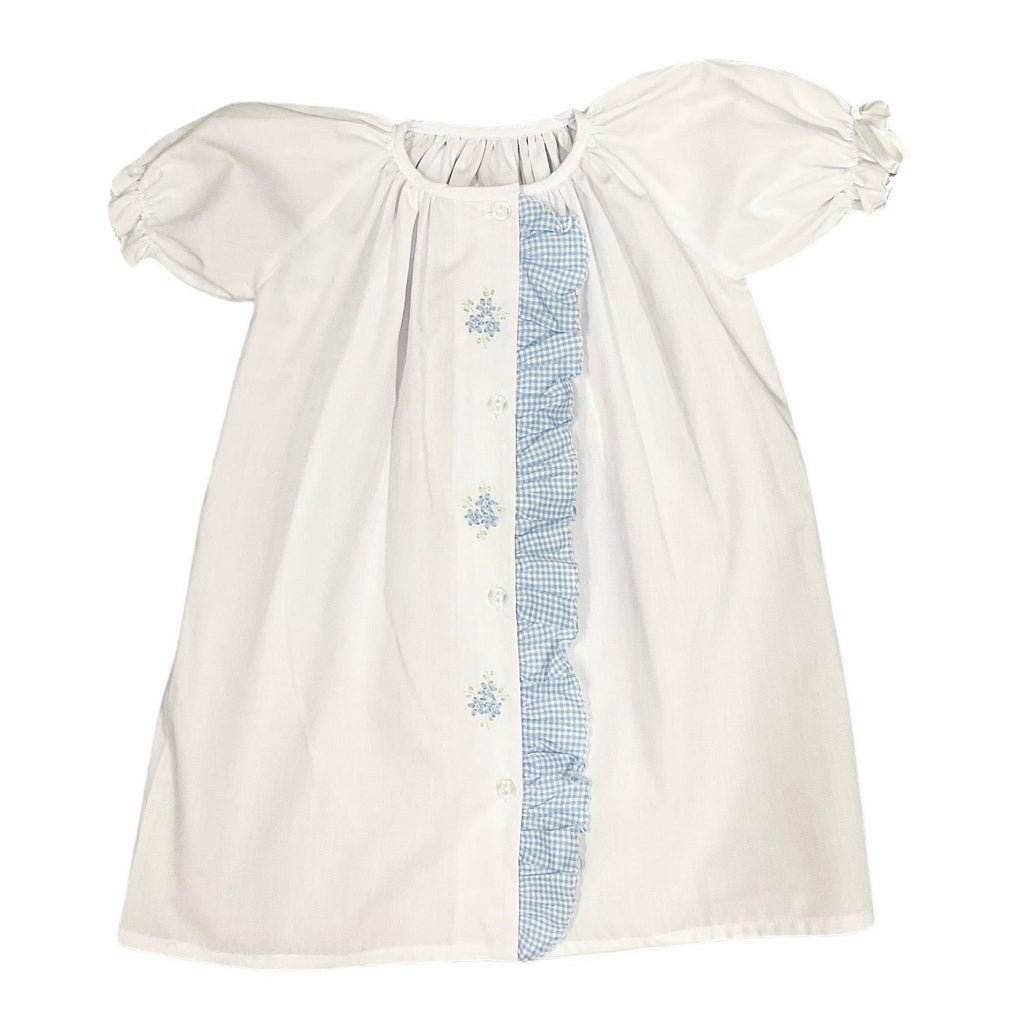 Auraluz Blue Check Ruffle Daygown with Satin Flower Embroidery - shopnurseryrhymes