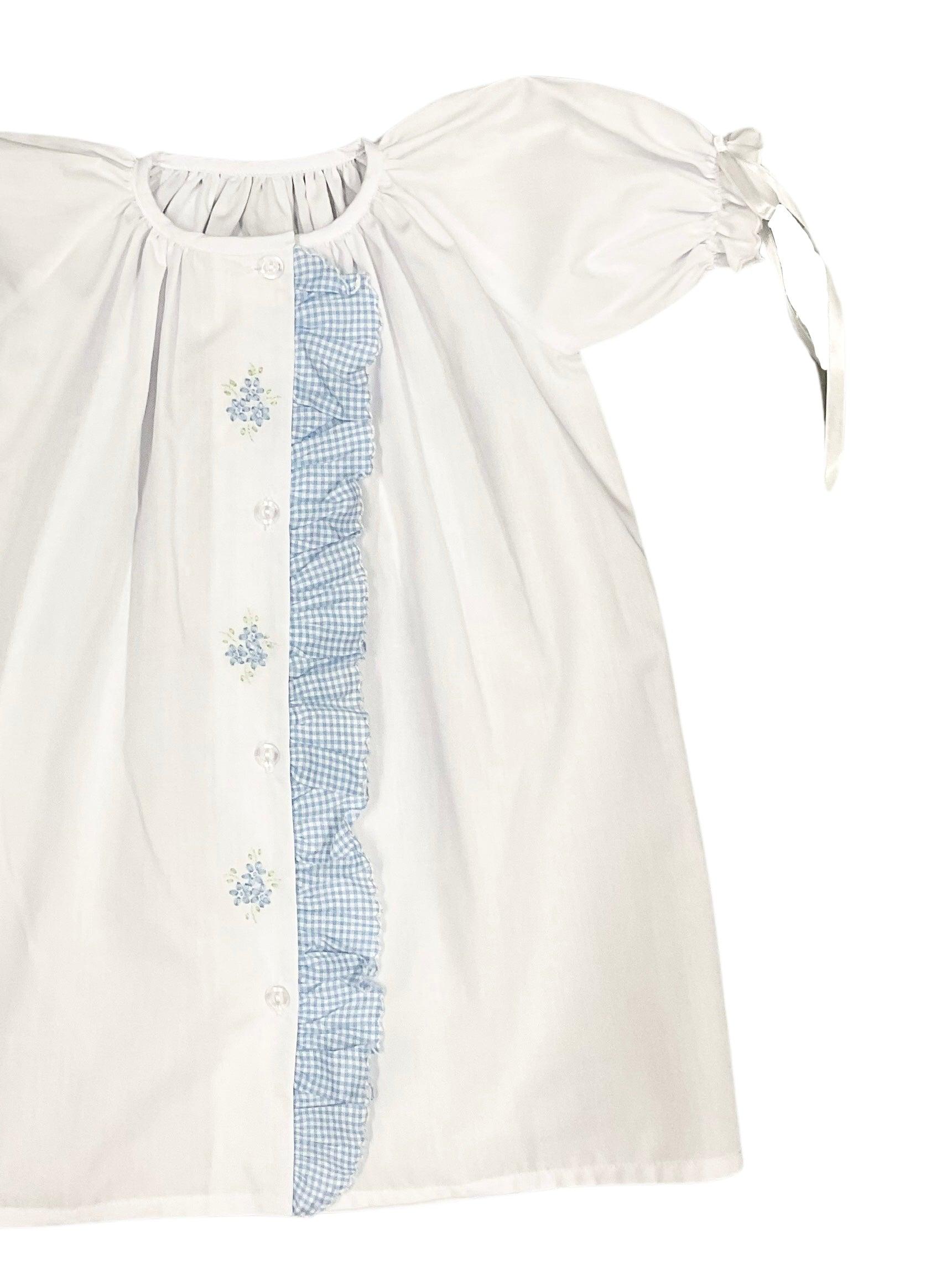 Auraluz Blue Check Ruffle Daygown with Satin Flower Embroidery - shopnurseryrhymes