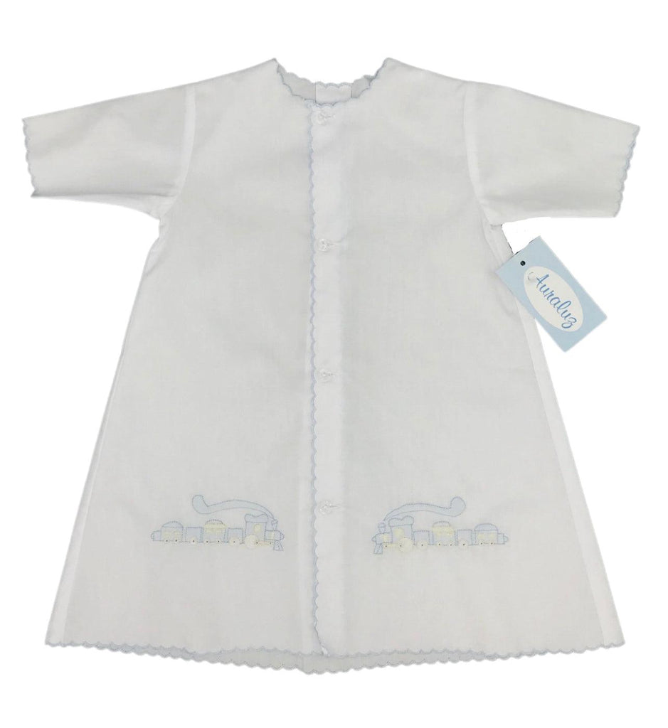 Auraluz White LS Daygown with Train Embroidery & Scalloped Trim